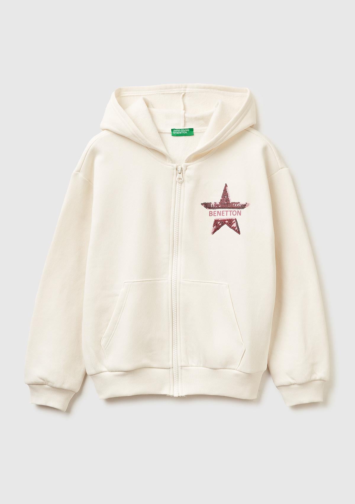 Kız Çocuk Ekru Önü Payetli Logolu Cepli Kapüşonlu Şardonlu Sweatshirt