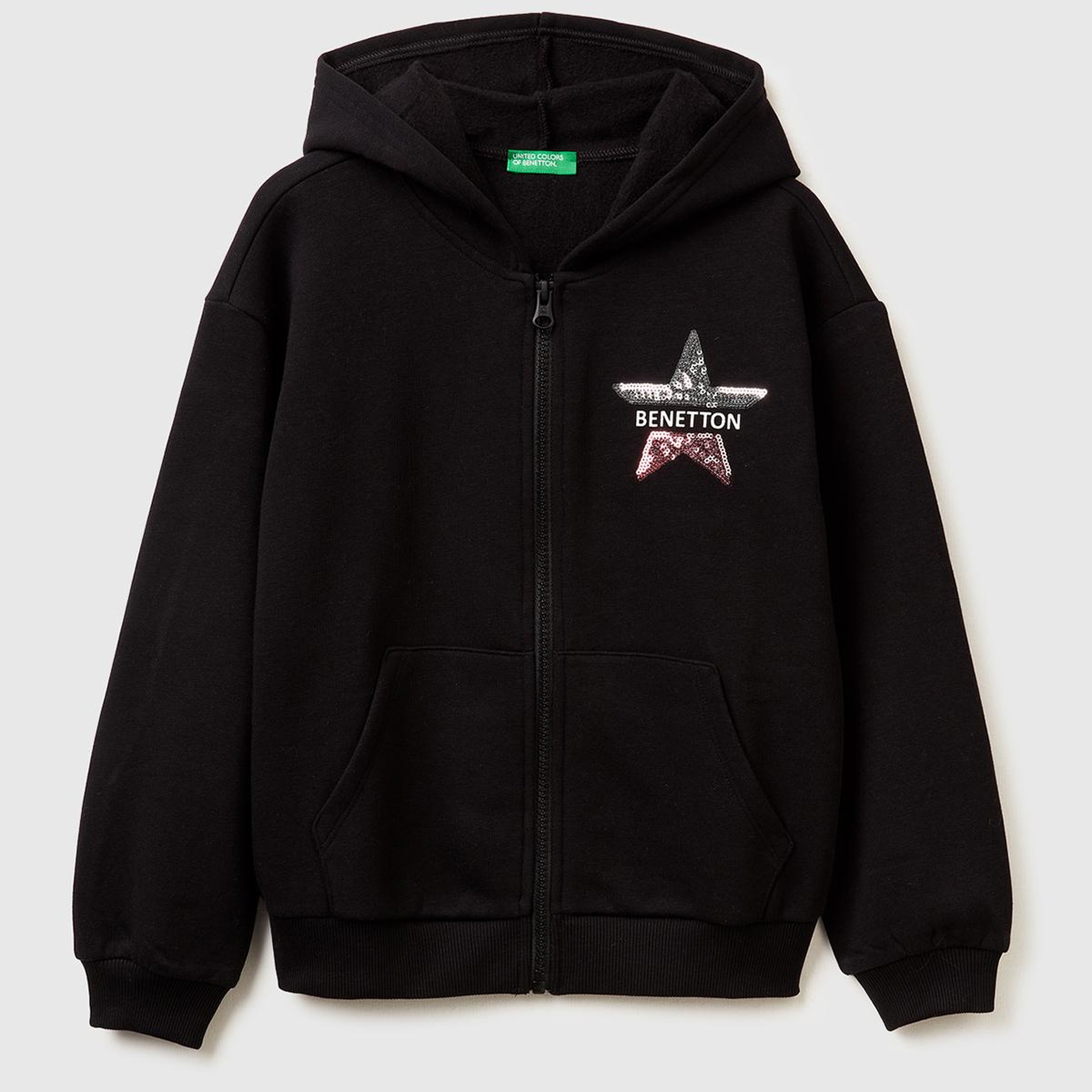 Kız Çocuk Siyah Önü Payetli Logolu Cepli Kapüşonlu Şardonlu Sweatshirt