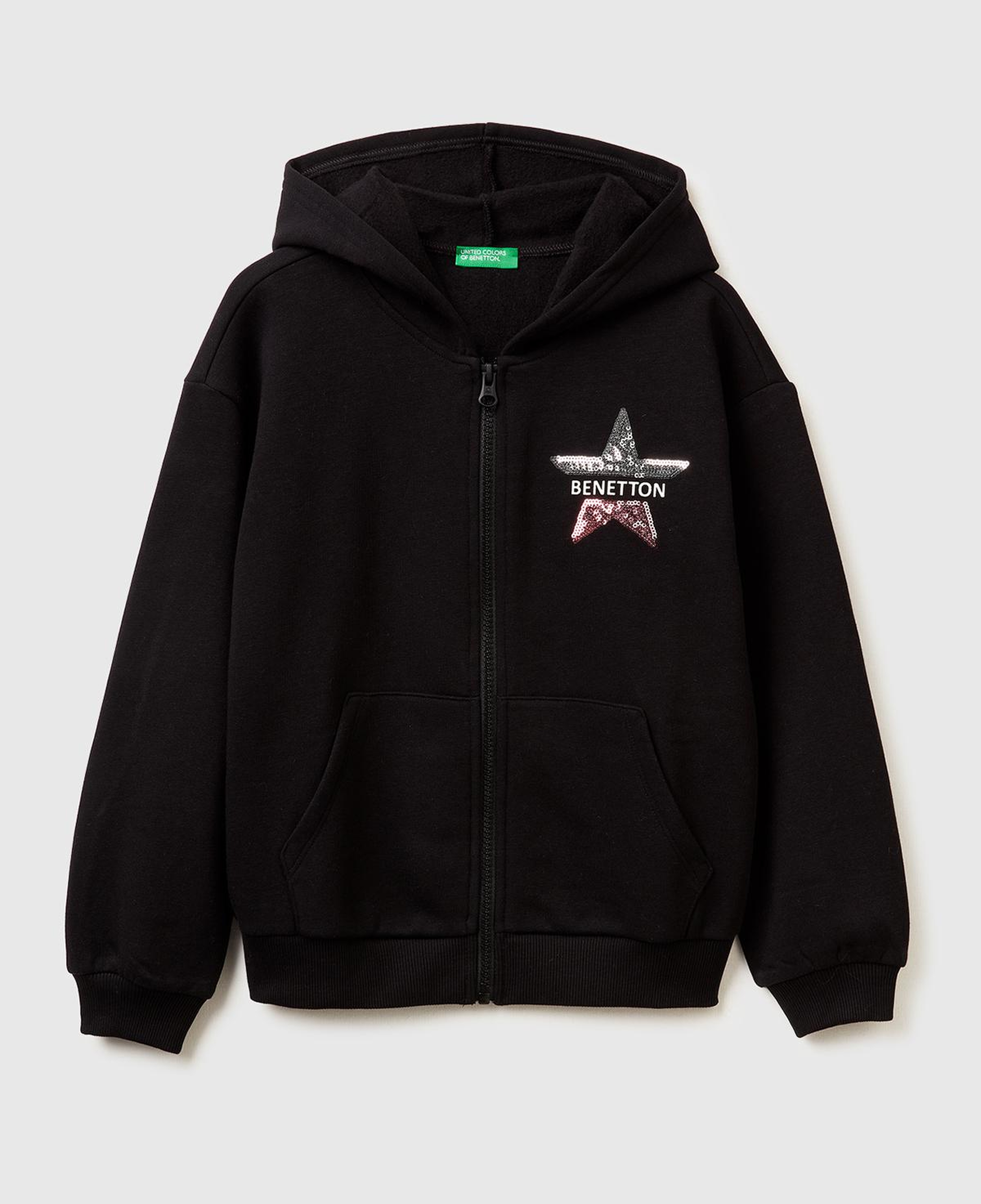 Kız Çocuk Siyah Önü Payetli Logolu Cepli Kapüşonlu Şardonlu Sweatshirt