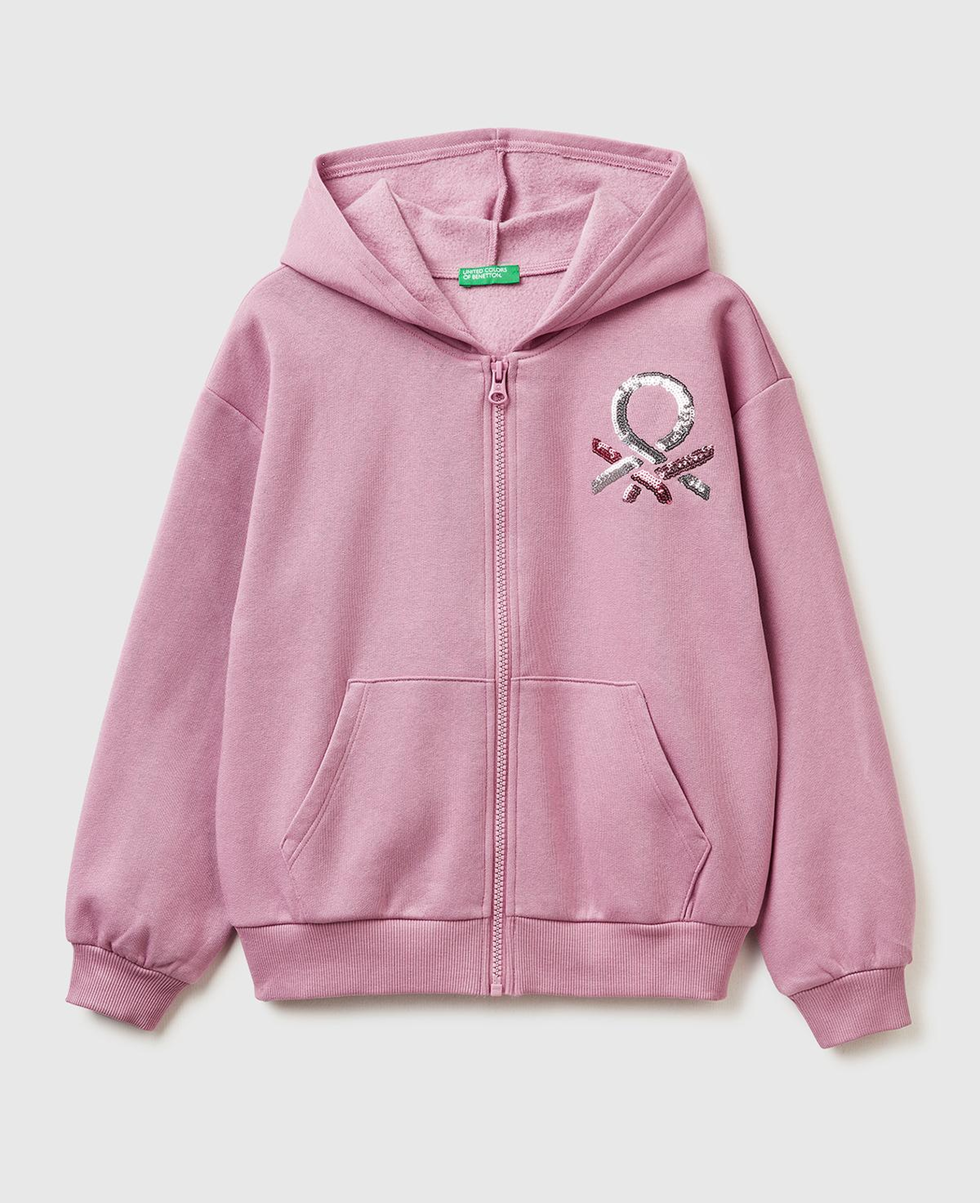 Kız Çocuk Gül Kurusu Önü Payetli Logolu Cepli Kapüşonlu Şardonlu Sweatshirt
