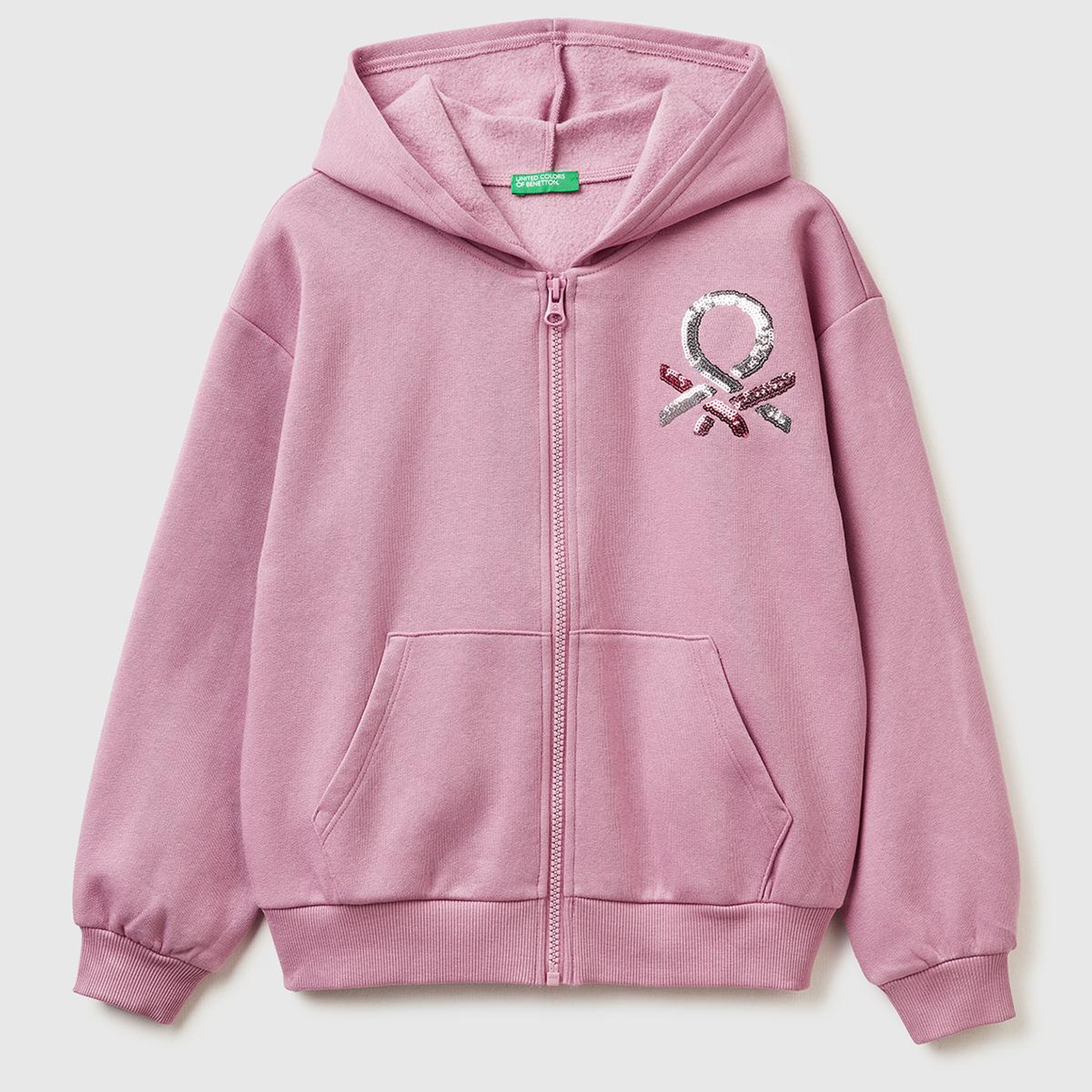 Kız Çocuk Gül Kurusu Önü Payetli Logolu Cepli Kapüşonlu Şardonlu Sweatshirt