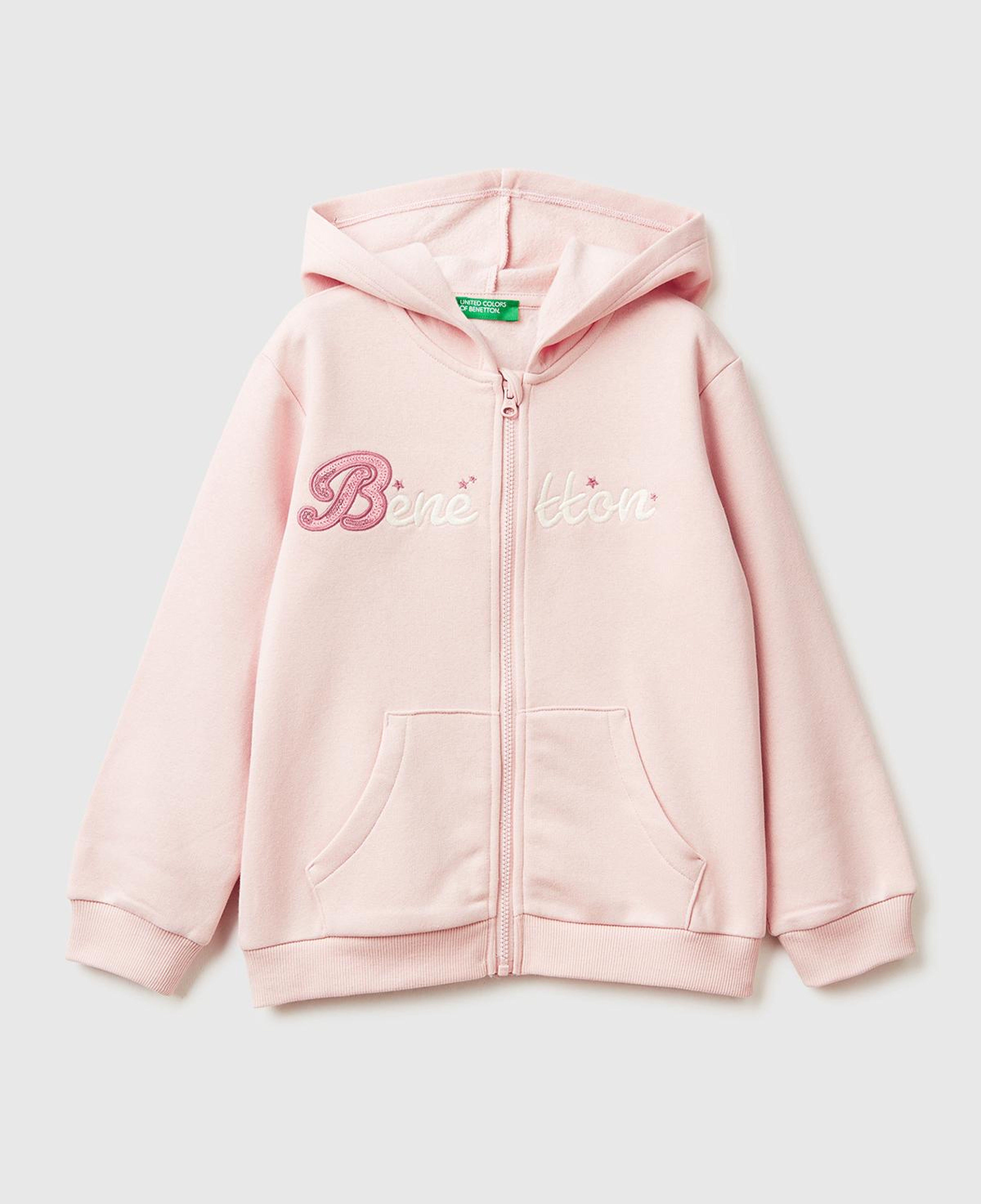 Kız Çocuk Toz Pembe Renk Bloklu Payet Nakışlı Fermuarlı Kapüşonlu Şardonlu Sweatshirt