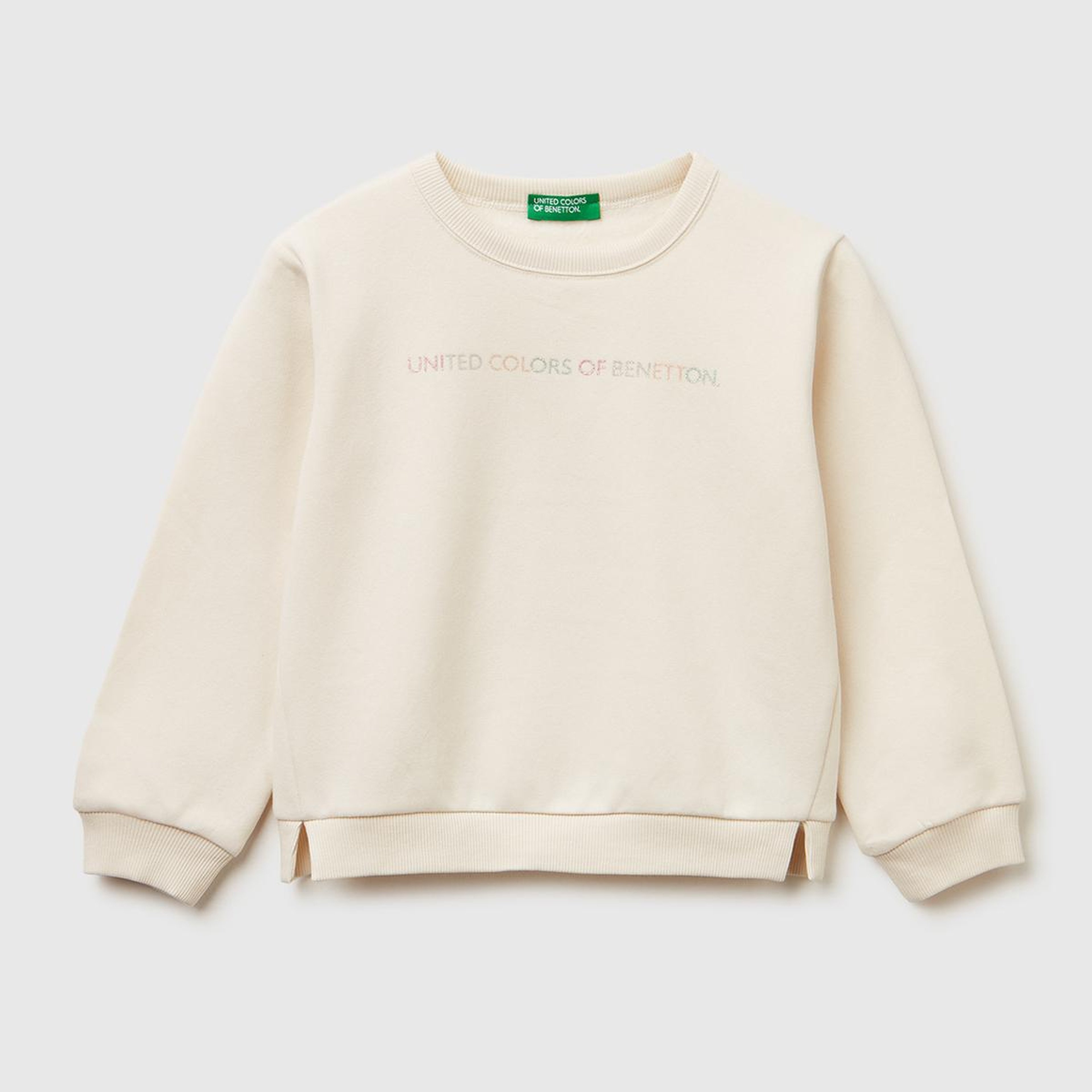Kız Çocuk Ekru Renk Bloklu Simli Logo Baskılı Yırtmaçlı Şardonlu Sweatshirt