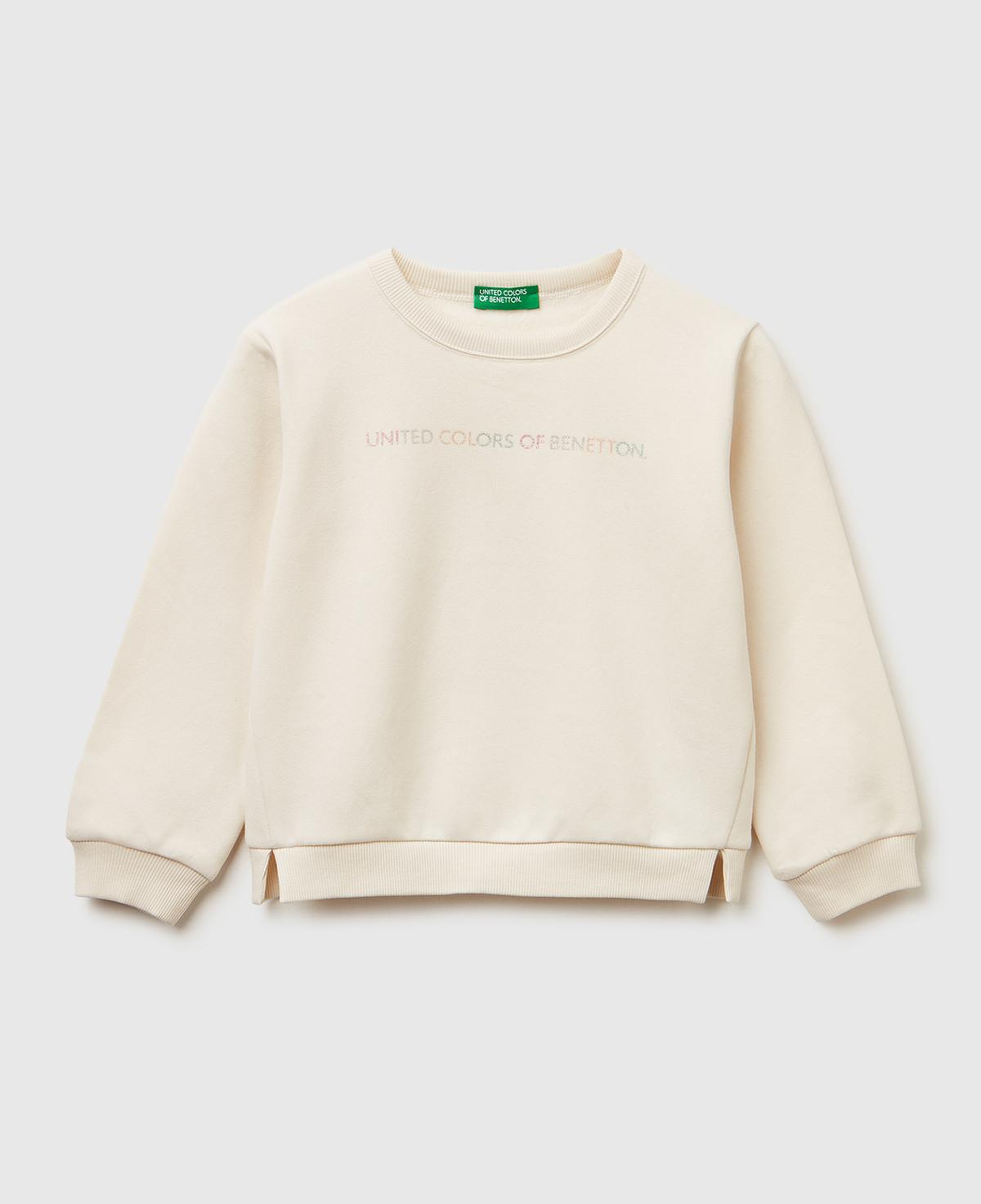 Kız Çocuk Ekru Renk Bloklu Simli Logo Baskılı Yırtmaçlı Şardonlu Sweatshirt