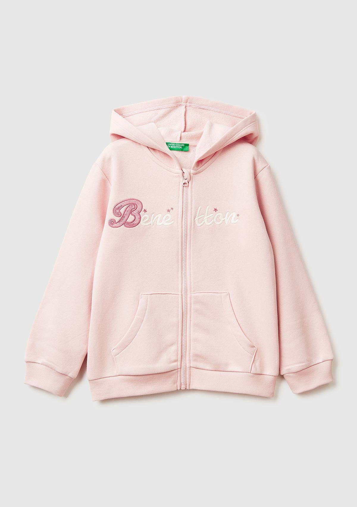 Kız Çocuk Toz Pembe Renk Bloklu Payet Nakışlı Fermuarlı Kapüşonlu Şardonlu Sweatshirt