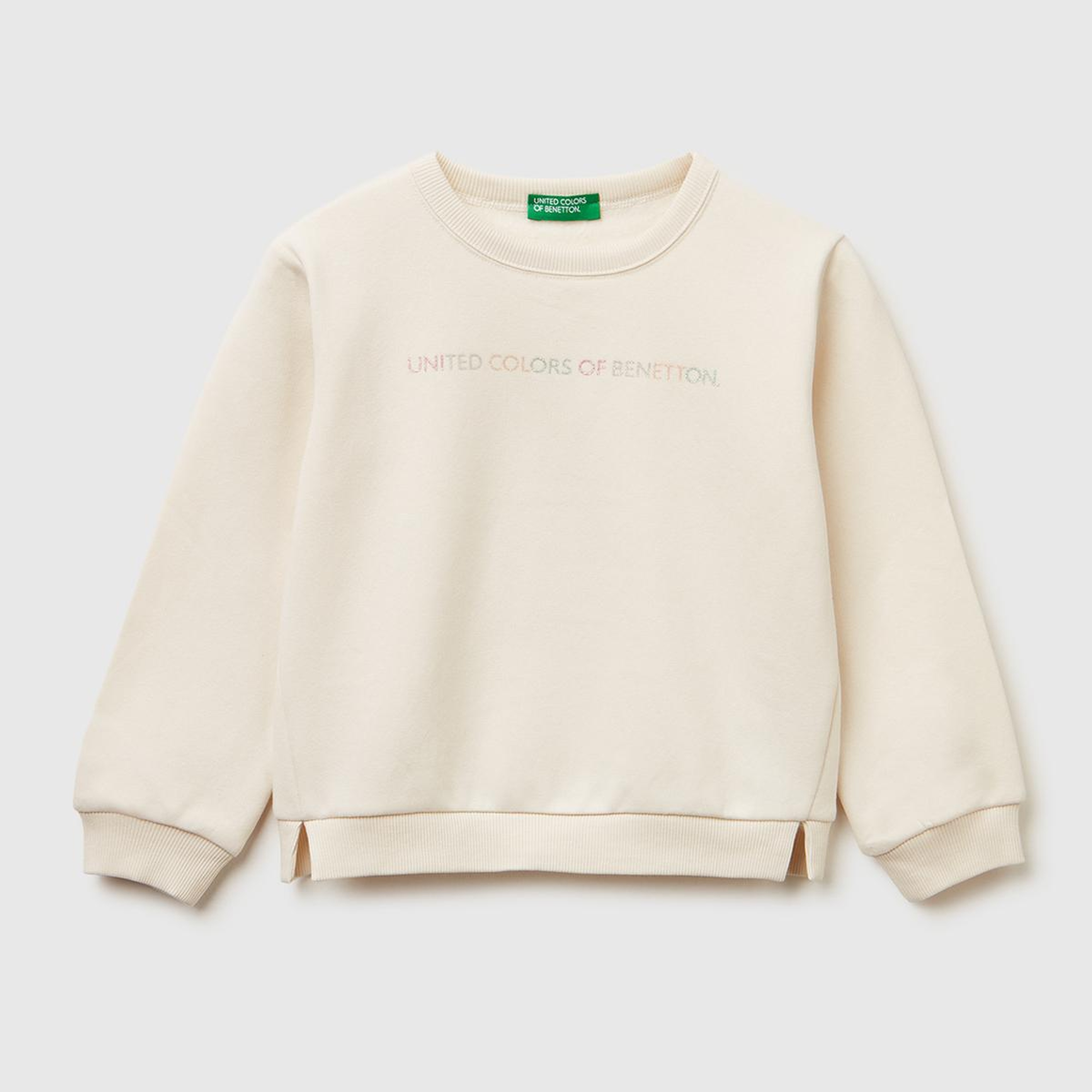 Kız Çocuk Ekru Renk Bloklu Simli Logo Baskılı Yırtmaçlı Şardonlu Sweatshirt