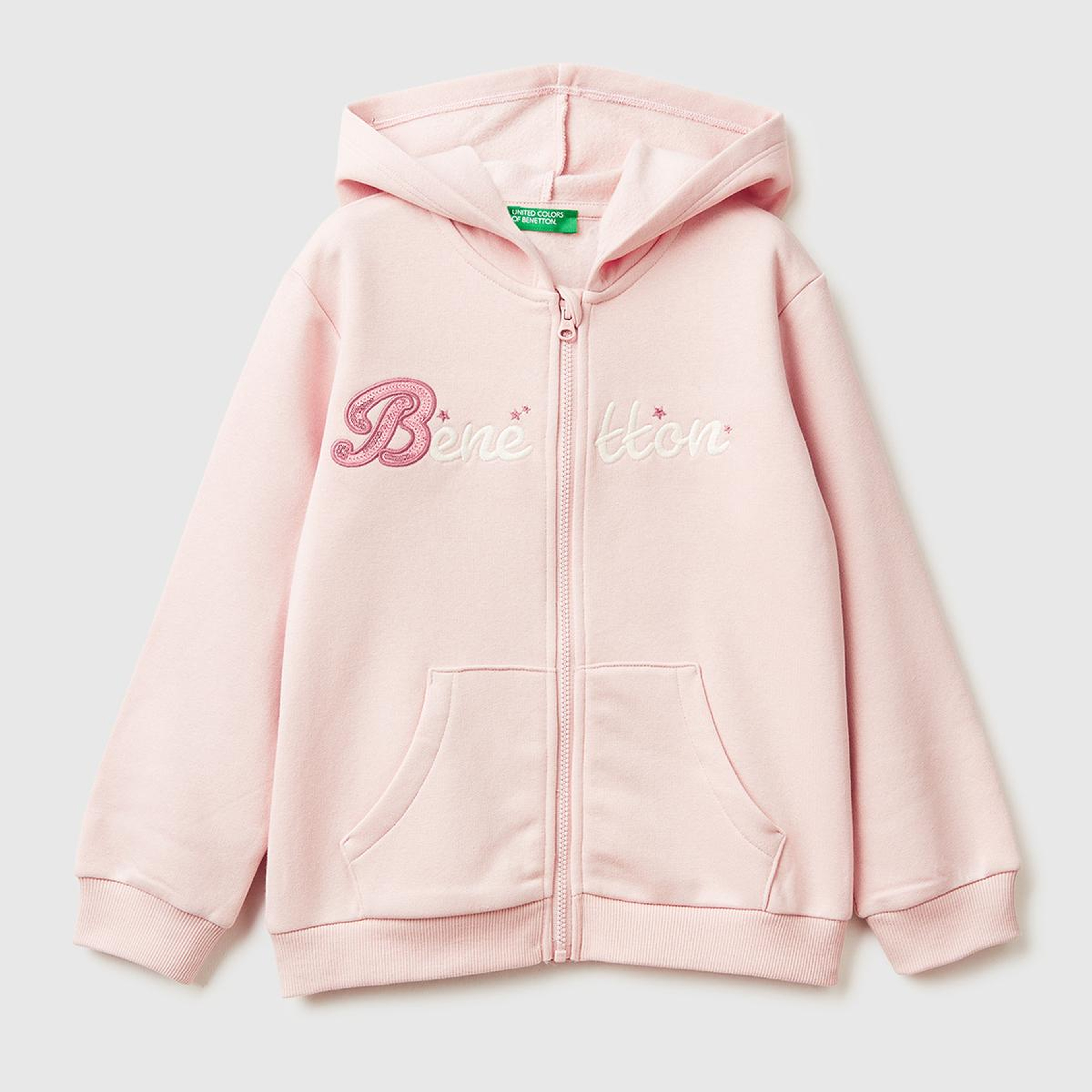 Kız Çocuk Toz Pembe Renk Bloklu Payet Nakışlı Fermuarlı Kapüşonlu Şardonlu Sweatshirt