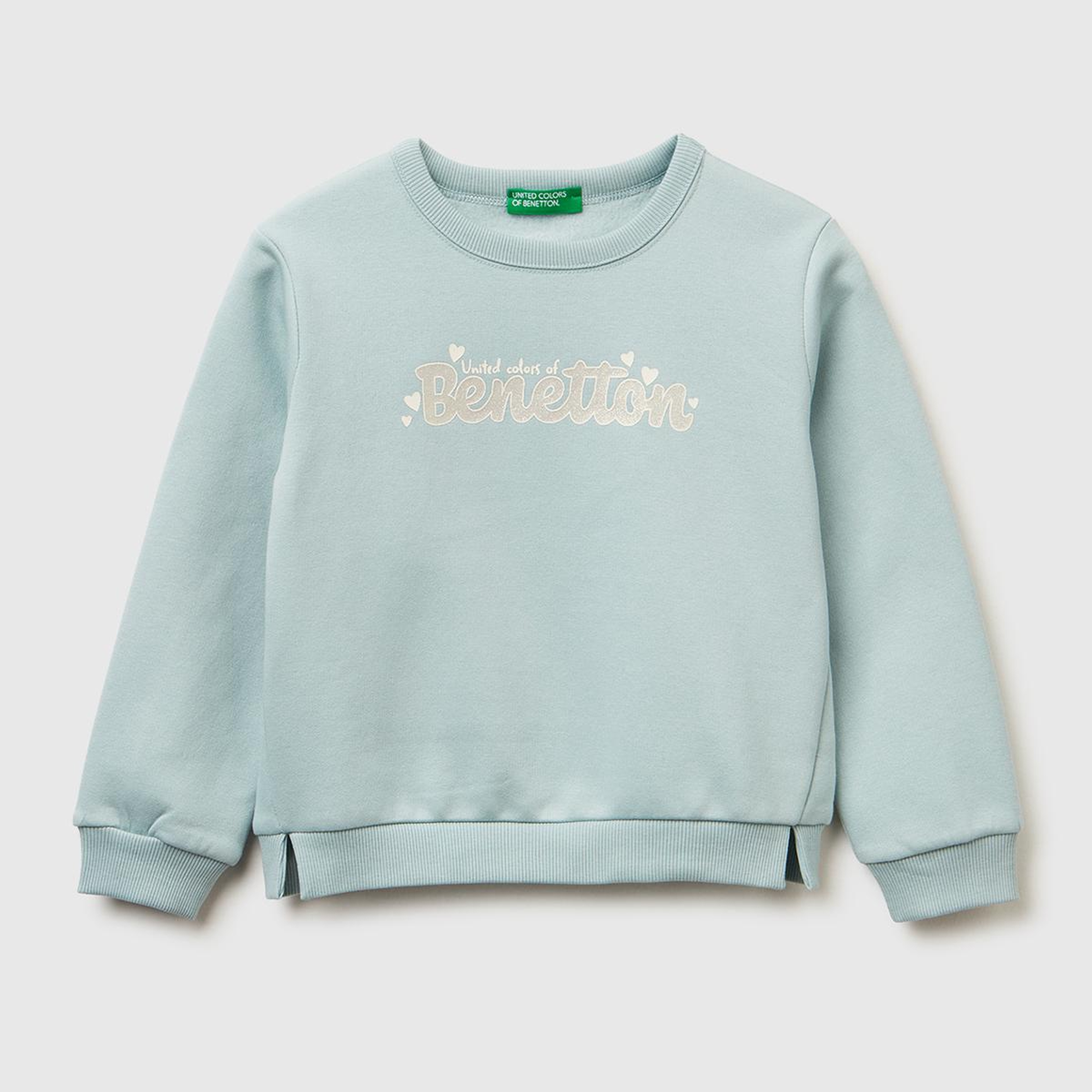 Kız Çocuk Su Yeşili Renk Bloklu Simli Logo Baskılı Yırtmaçlı Şardonlu Sweatshirt