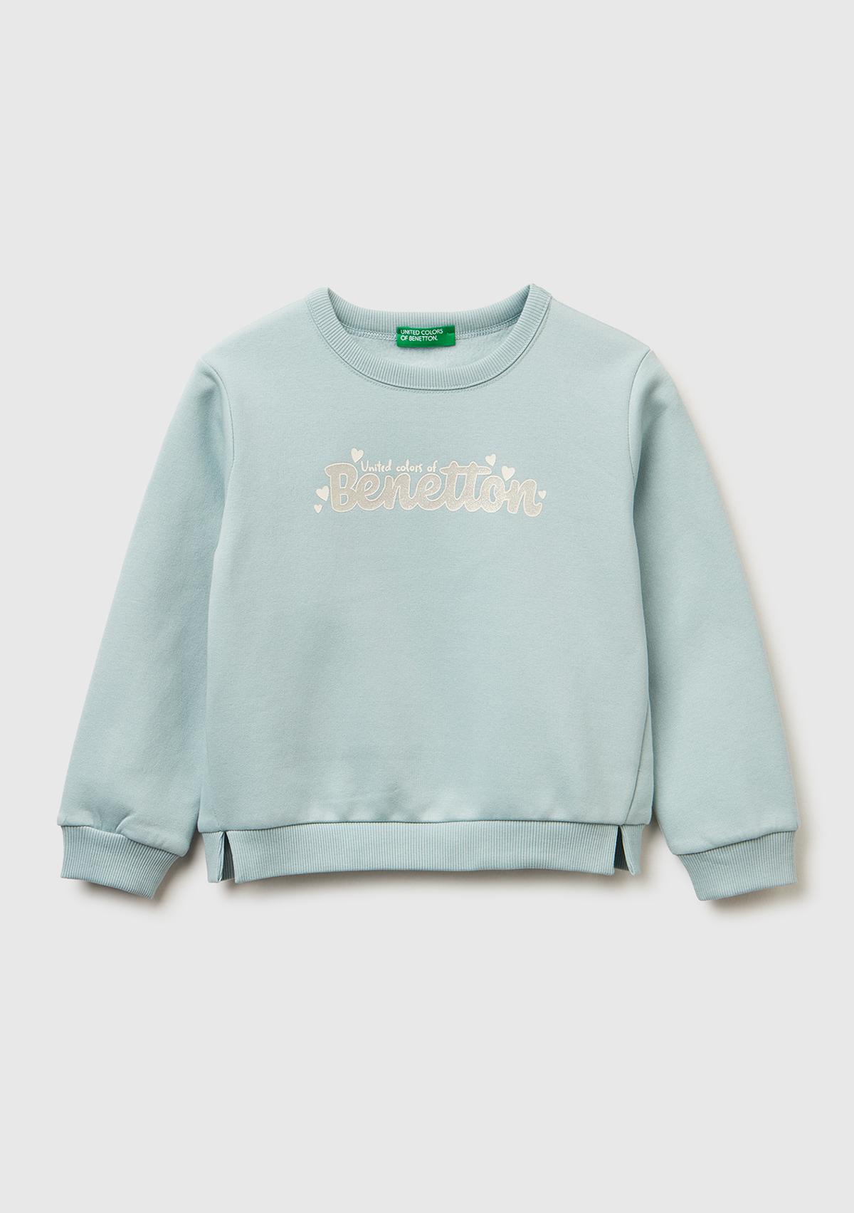 Kız Çocuk Su Yeşili Renk Bloklu Simli Logo Baskılı Yırtmaçlı Şardonlu Sweatshirt