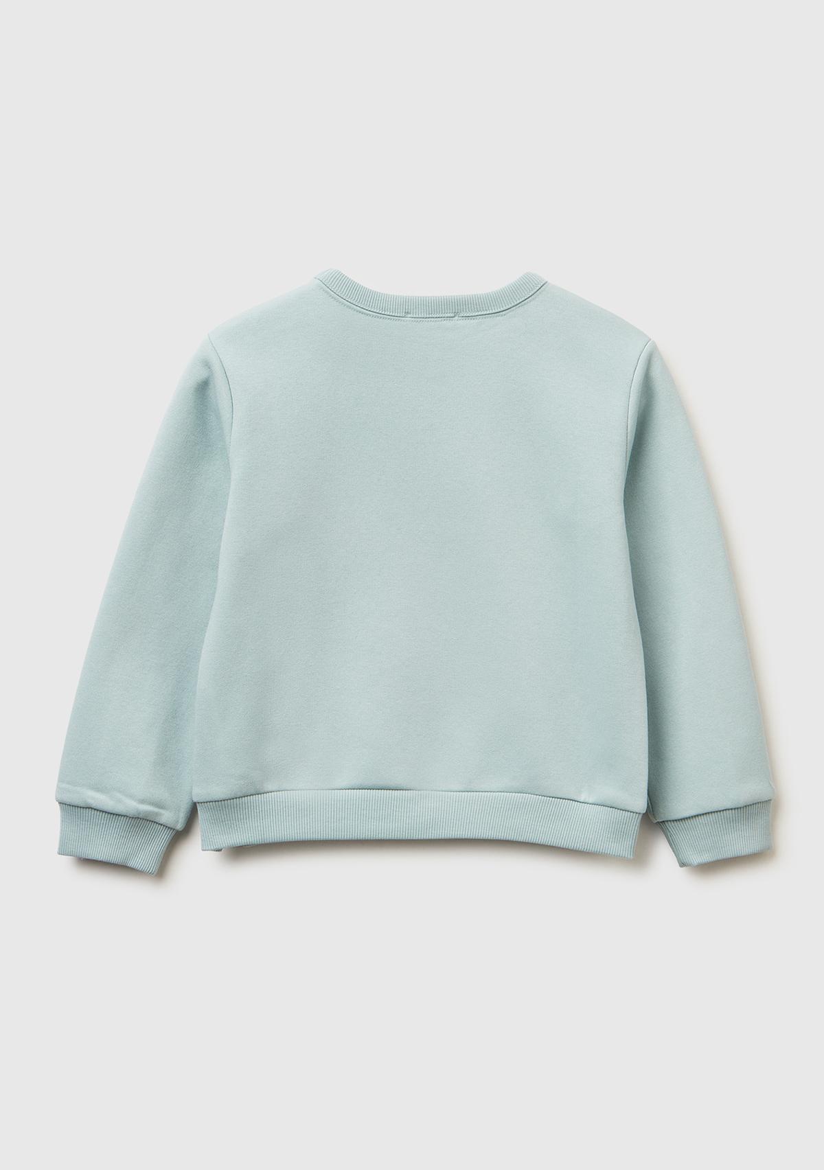 Kız Çocuk Su Yeşili Renk Bloklu Simli Logo Baskılı Yırtmaçlı Şardonlu Sweatshirt