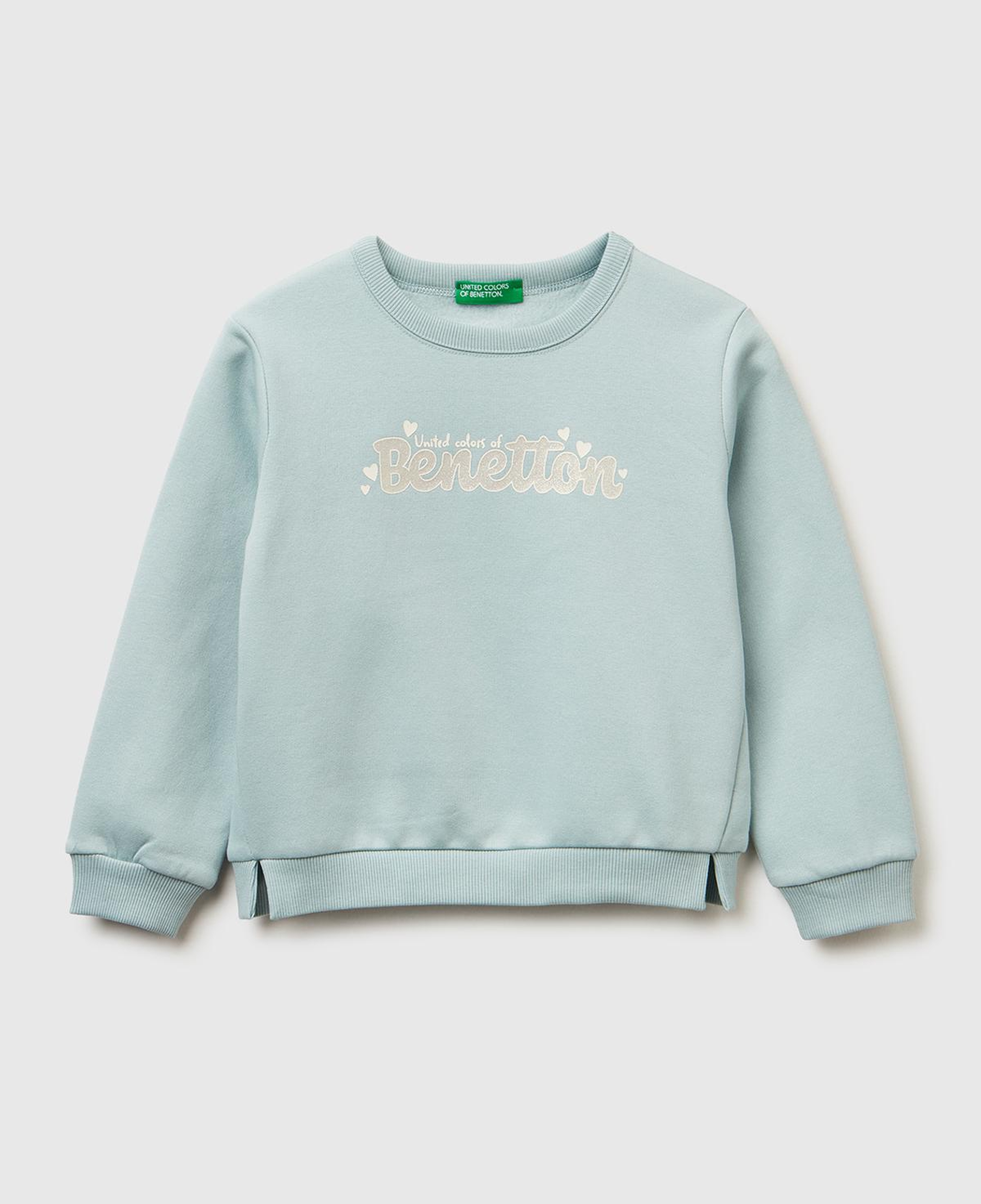Kız Çocuk Su Yeşili Renk Bloklu Simli Logo Baskılı Yırtmaçlı Şardonlu Sweatshirt