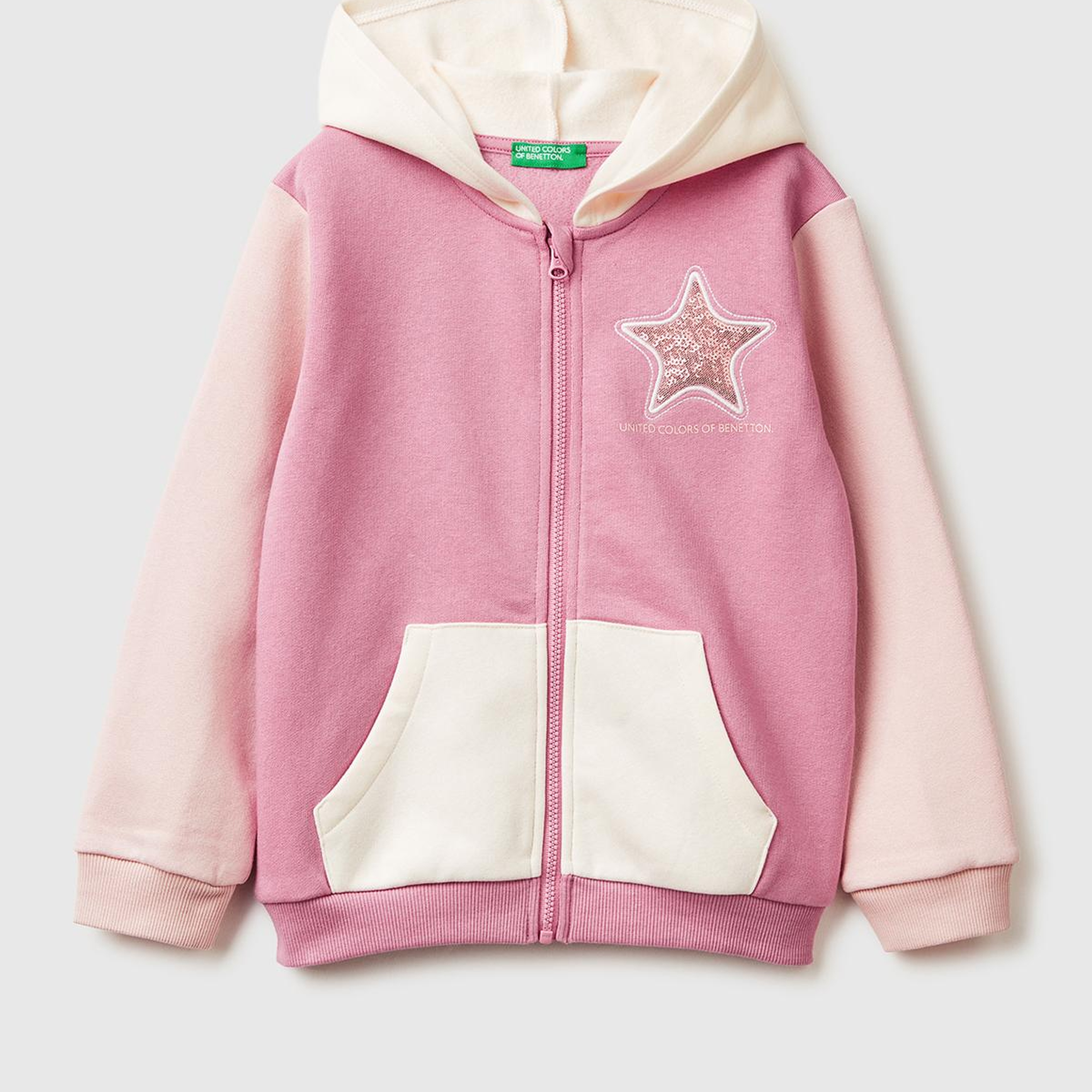 Kız Çocuk Krem-Pembe Renk Bloklu Payet Nakışlı Fermuarlı Kapüşonlu Şardonlu Sweatshirt