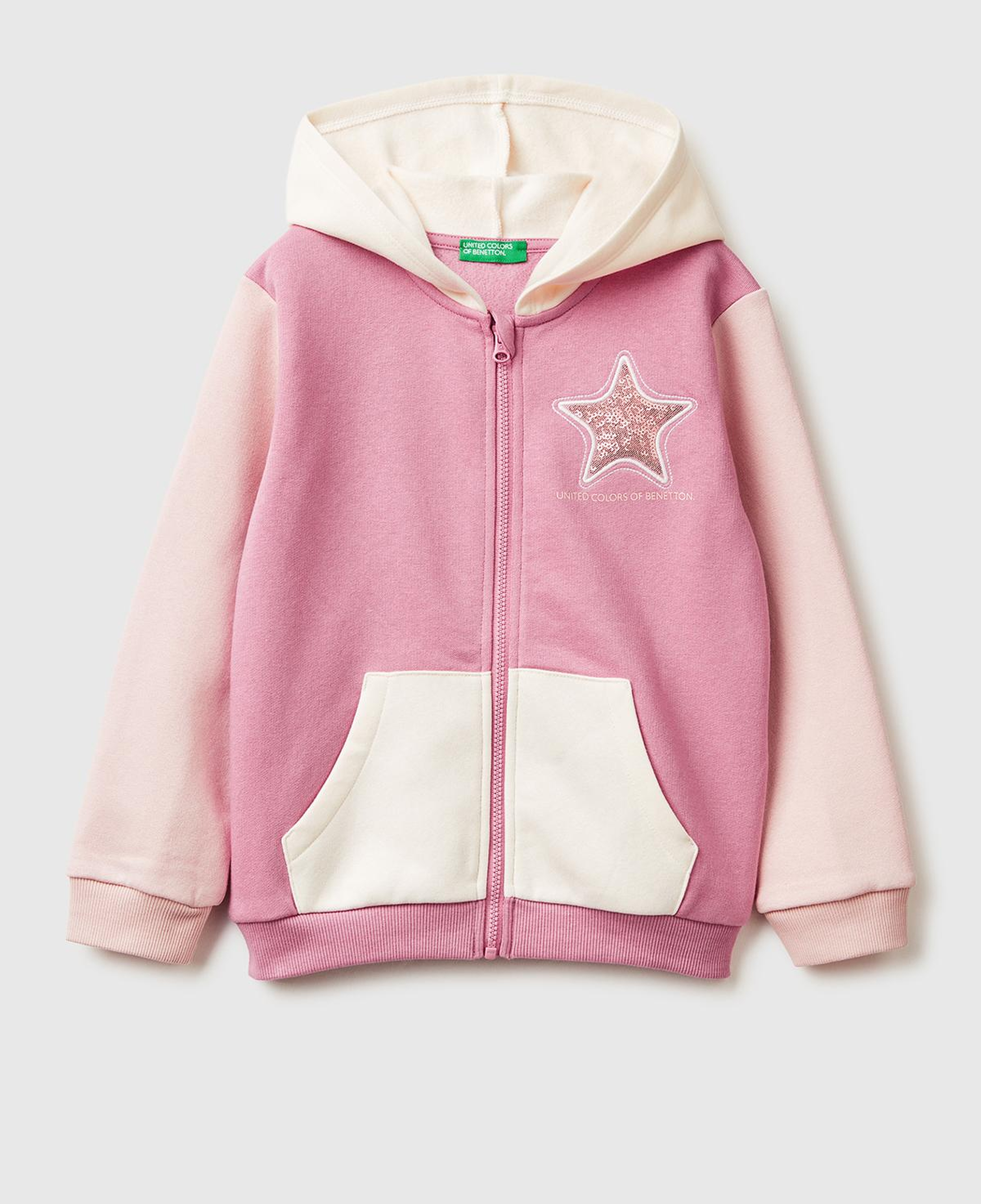 Kız Çocuk Krem-Pembe Renk Bloklu Payet Nakışlı Fermuarlı Kapüşonlu Şardonlu Sweatshirt