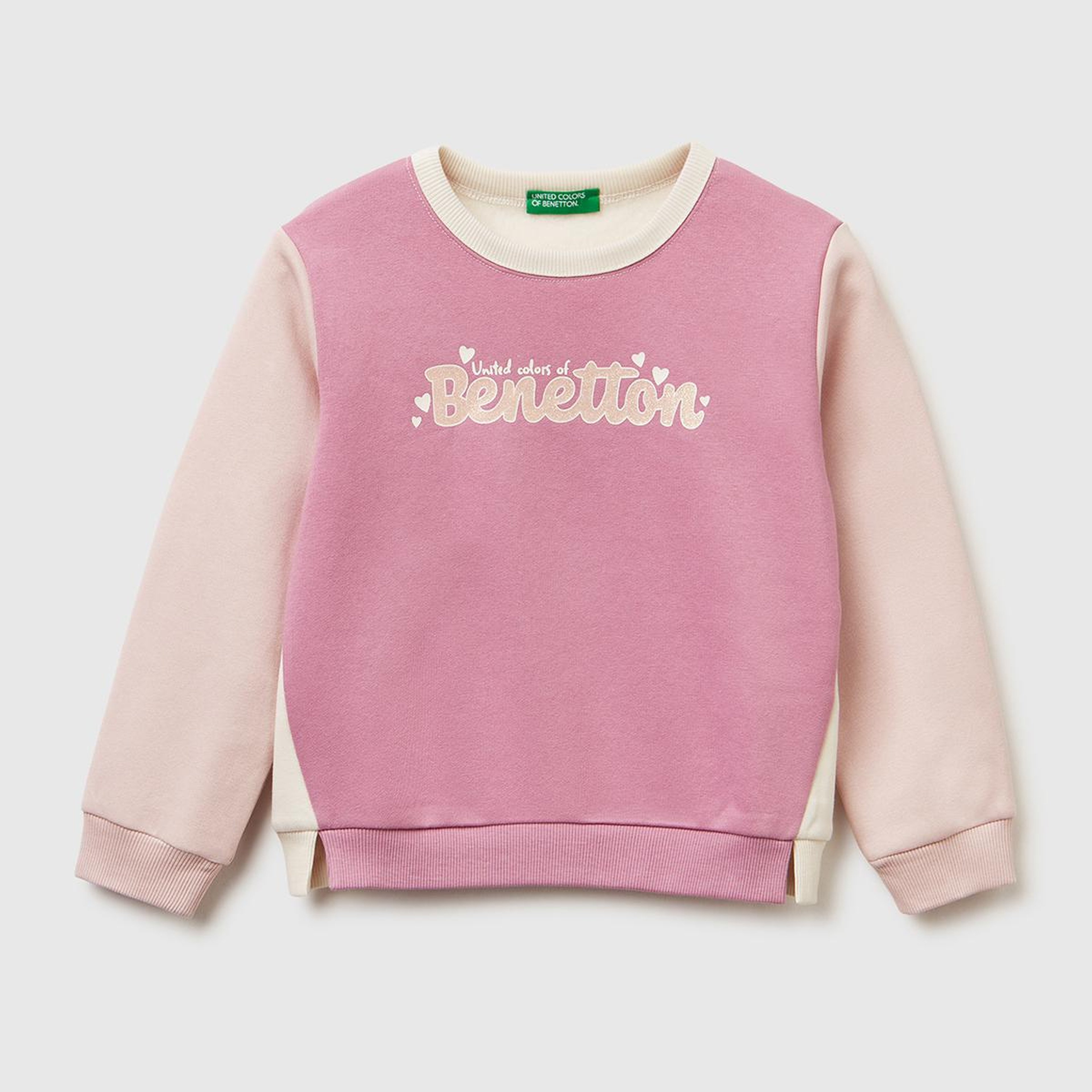 Kız Çocuk Krem-Pembe Renk Bloklu Simli Logo Baskılı Yırtmaçlı Şardonlu Sweatshirt