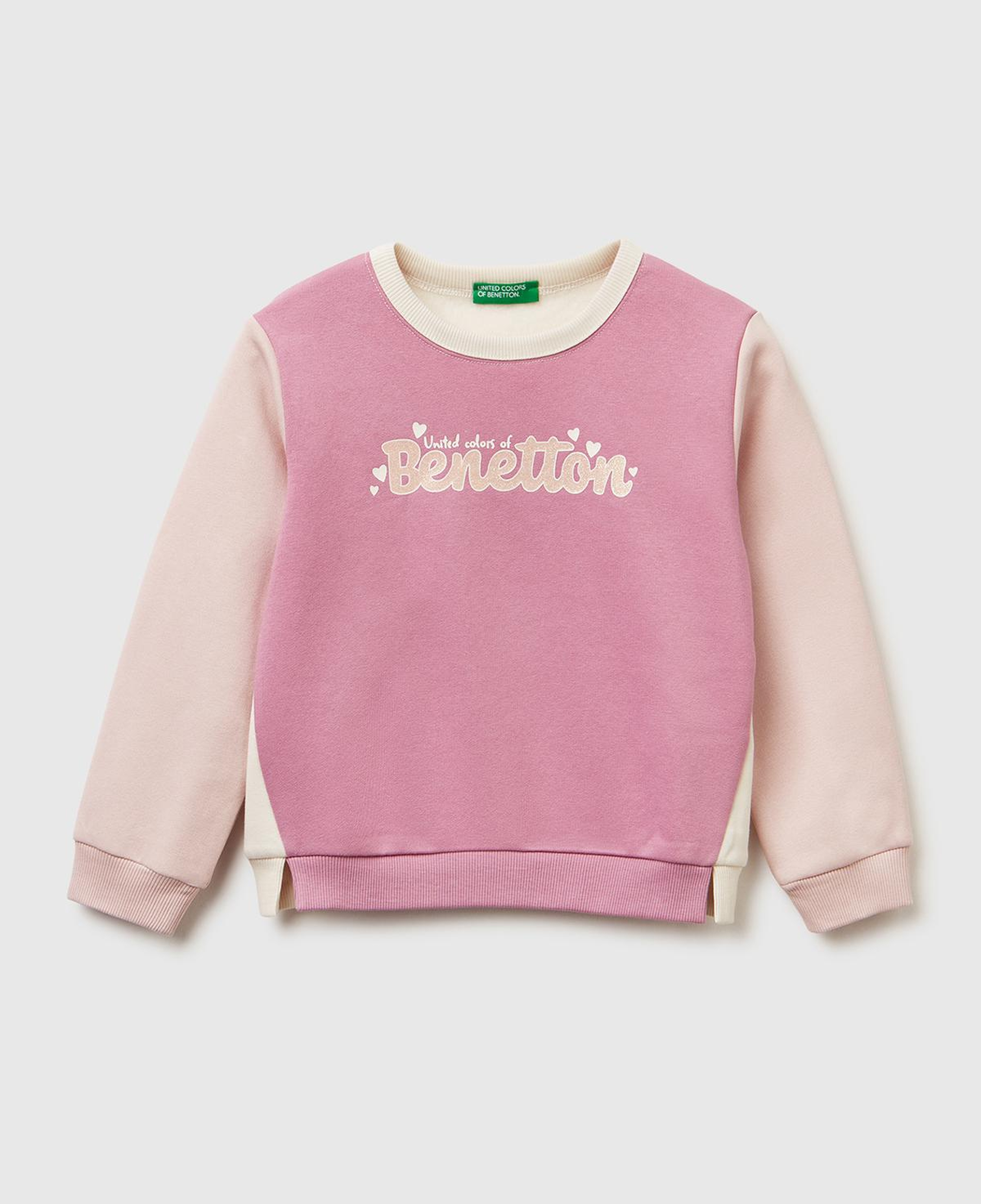 Kız Çocuk Krem-Pembe Renk Bloklu Simli Logo Baskılı Yırtmaçlı Şardonlu Sweatshirt