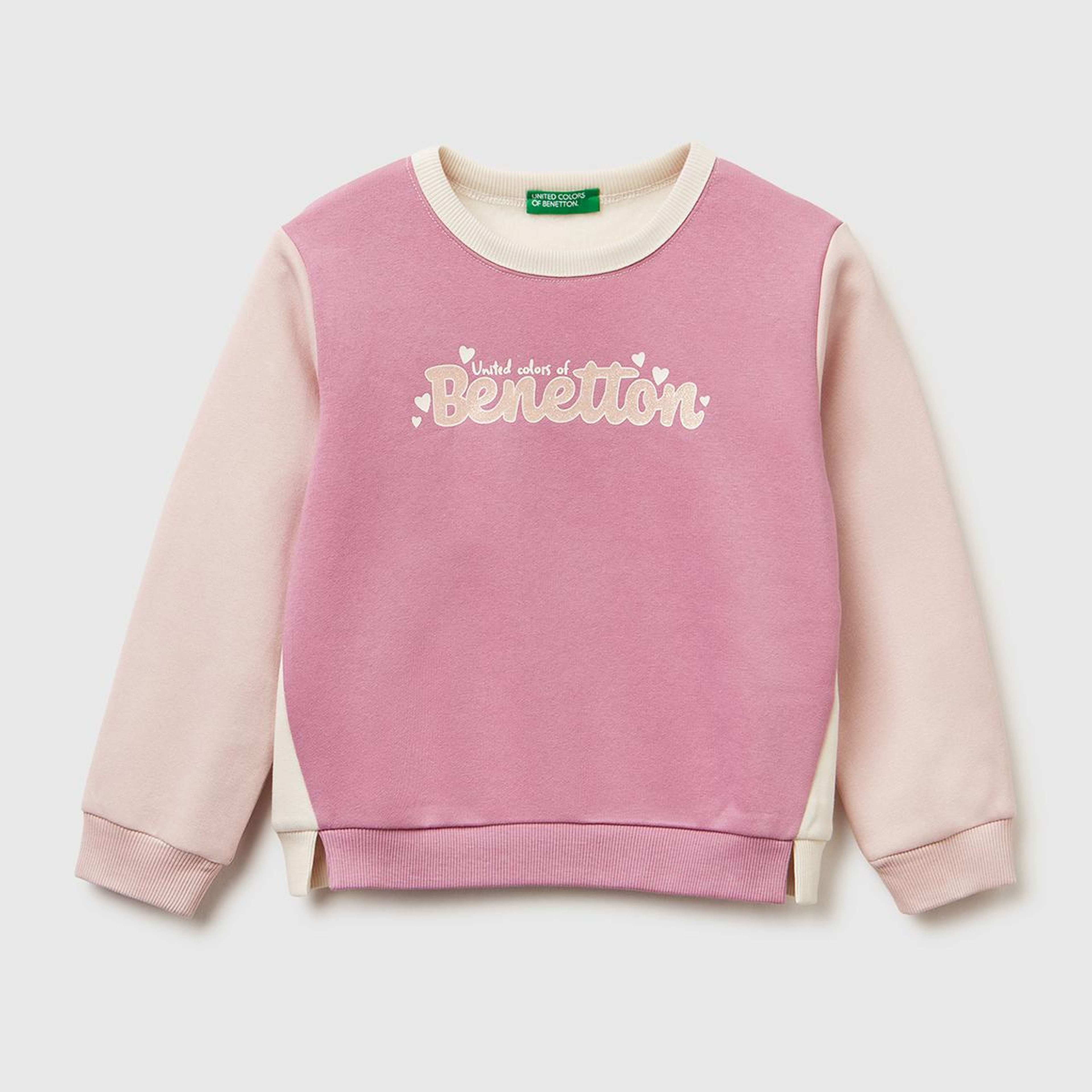 Kız Çocuk Krem-Pembe Renk Bloklu Simli Logo Baskılı Yırtmaçlı Şardonlu Sweatshirt
