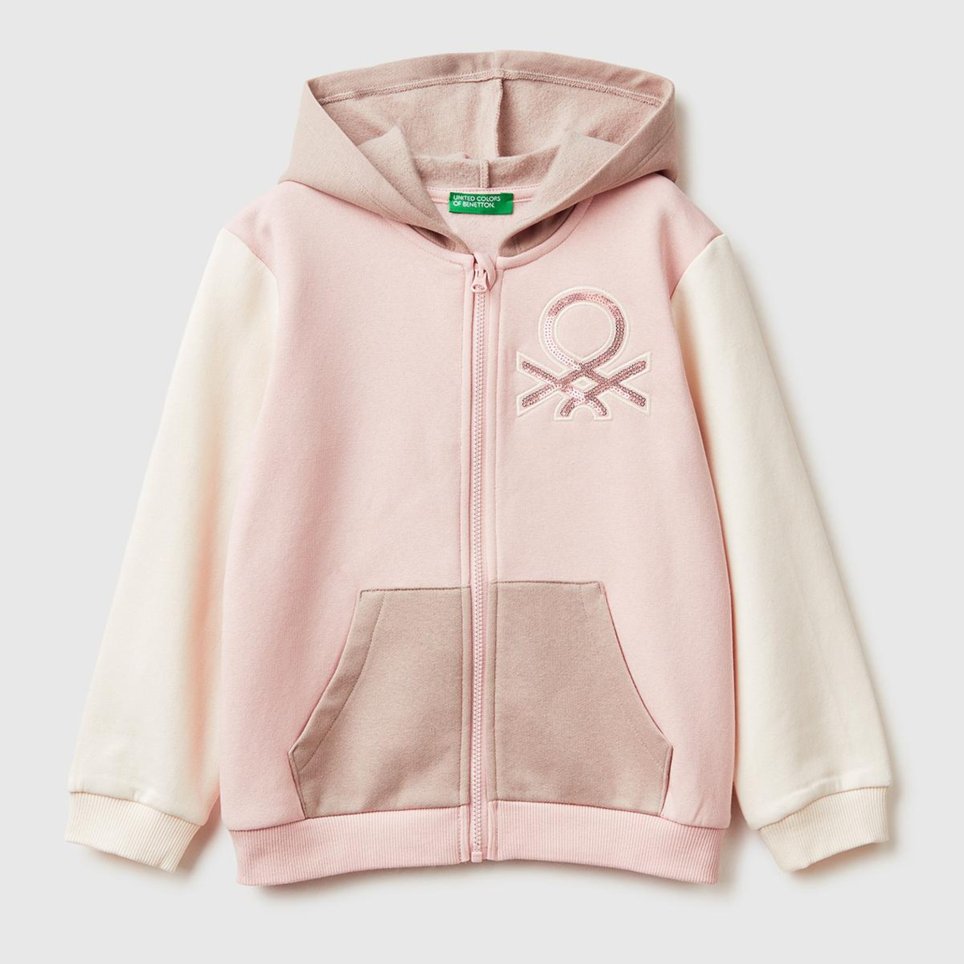 Kız Çocuk Pembe-Ekru Renk Bloklu Payet Nakışlı Fermuarlı Kapüşonlu Şardonlu Sweatshirt