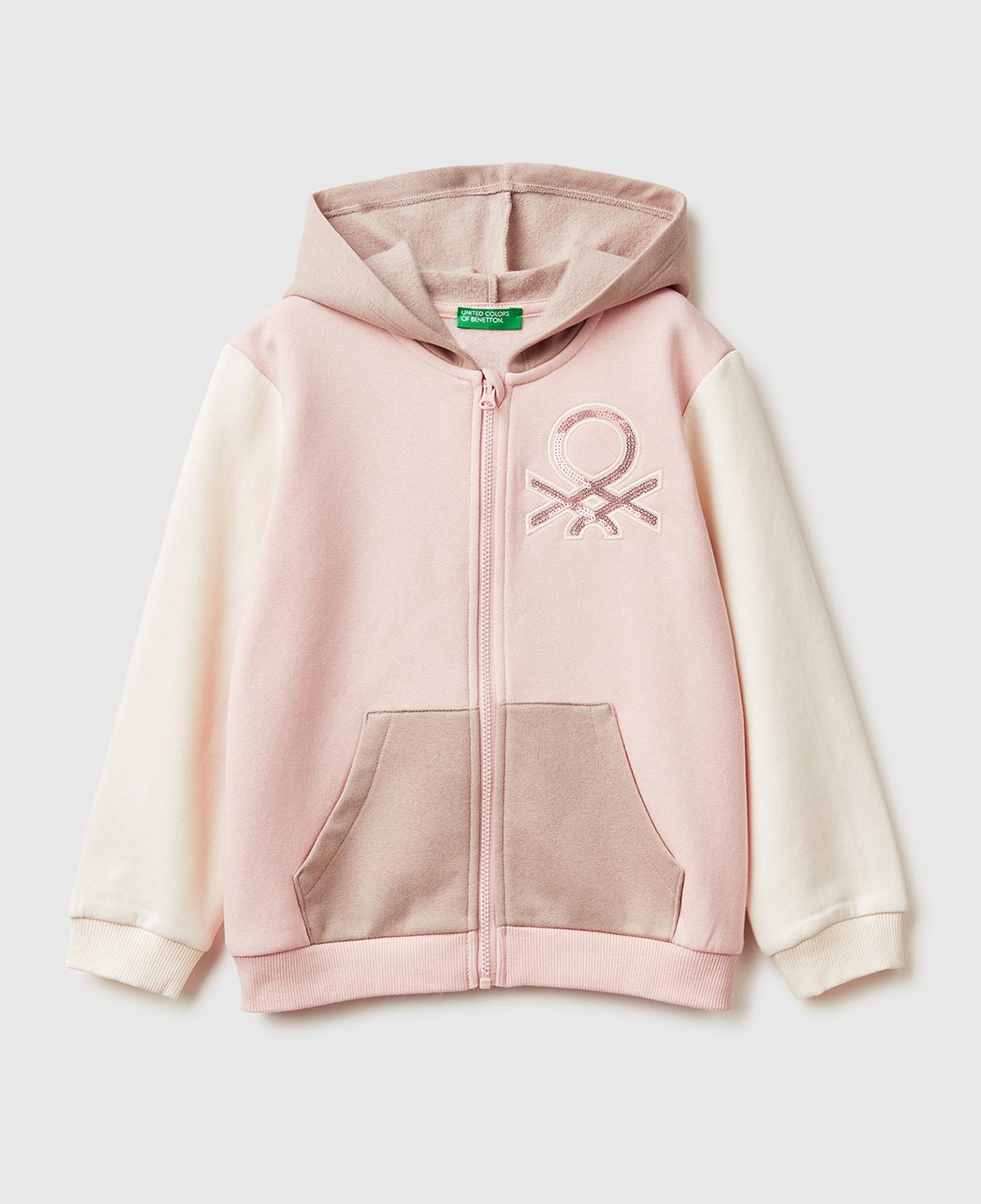 Kız Çocuk Pembe-Ekru Renk Bloklu Payet Nakışlı Fermuarlı Kapüşonlu Şardonlu Sweatshirt