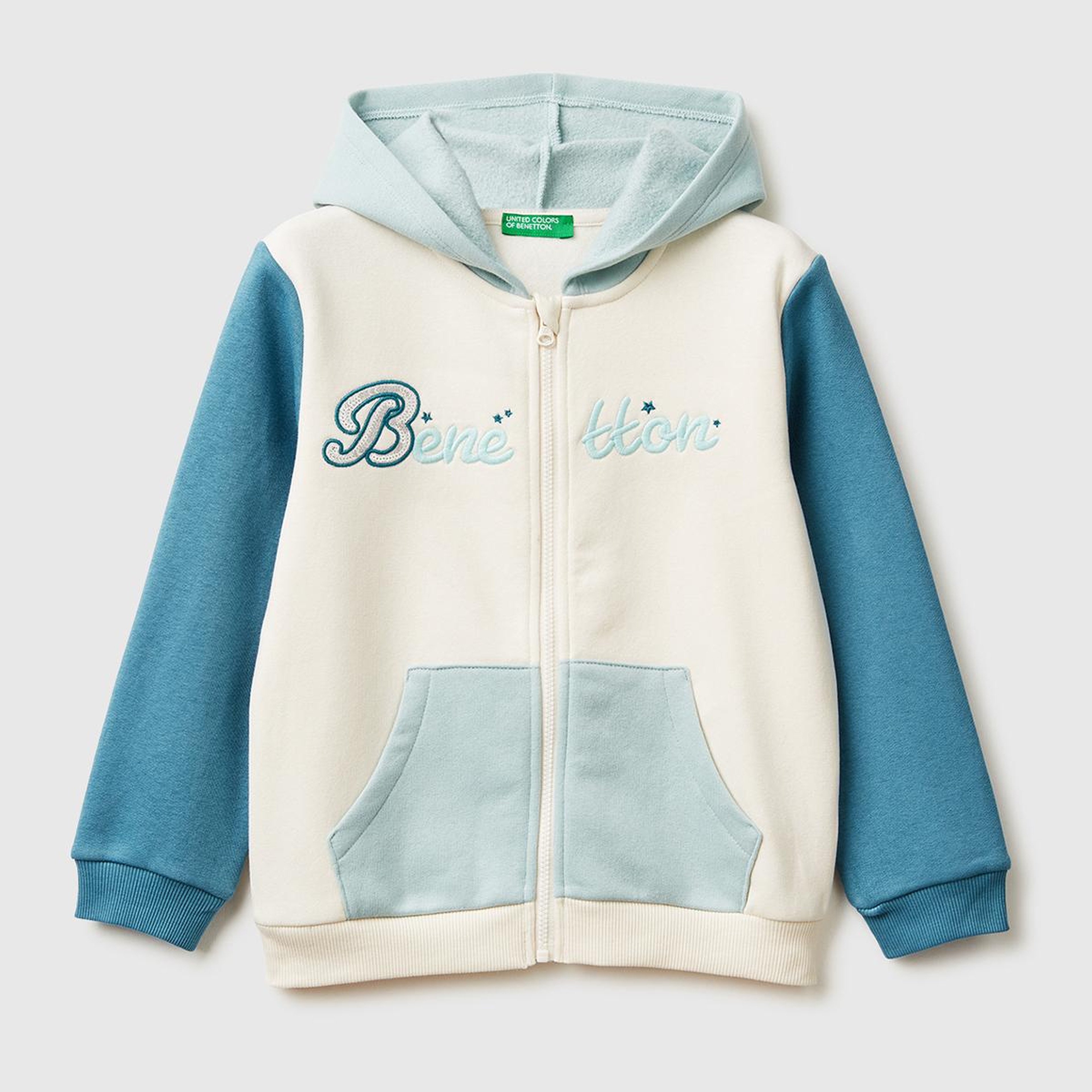 Kız Çocuk Ekru-Mavi Renk Bloklu Payet Nakışlı Fermuarlı Kapüşonlu Şardonlu Sweatshirt