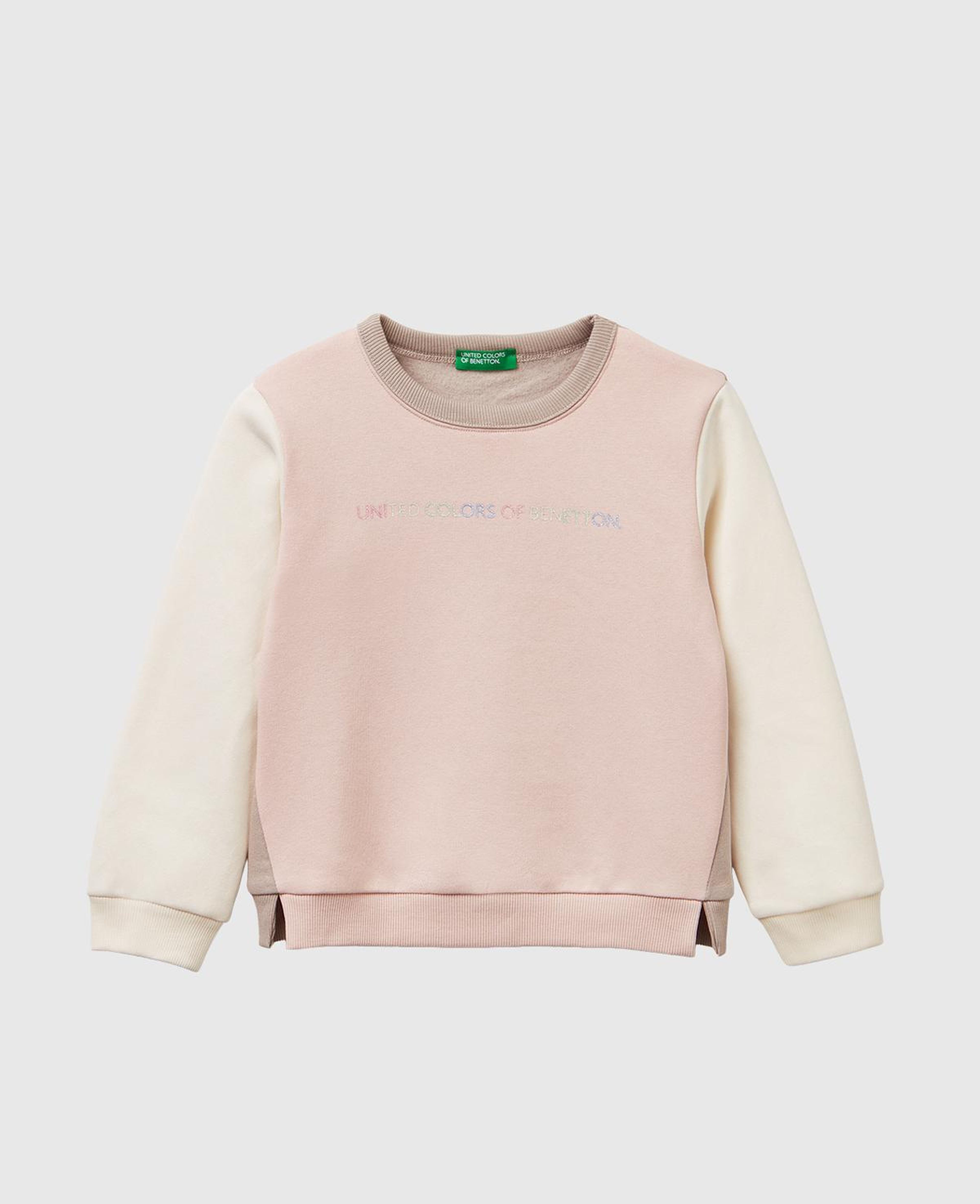 Kız Çocuk Pembe-Ekru Renk Bloklu Simli Logo Baskılı Yırtmaçlı Şardonlu Sweatshirt