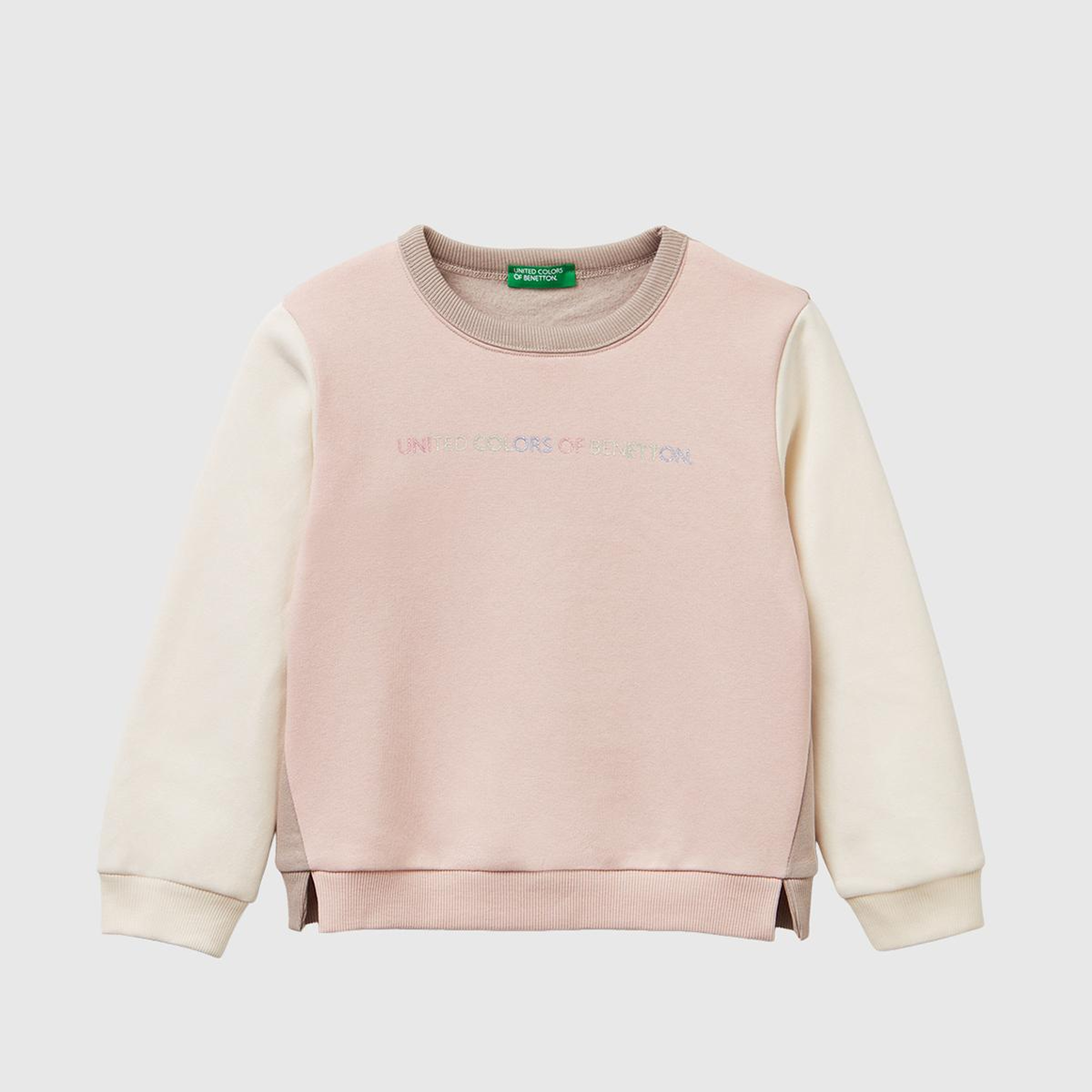 Kız Çocuk Pembe-Ekru Renk Bloklu Simli Logo Baskılı Yırtmaçlı Şardonlu Sweatshirt