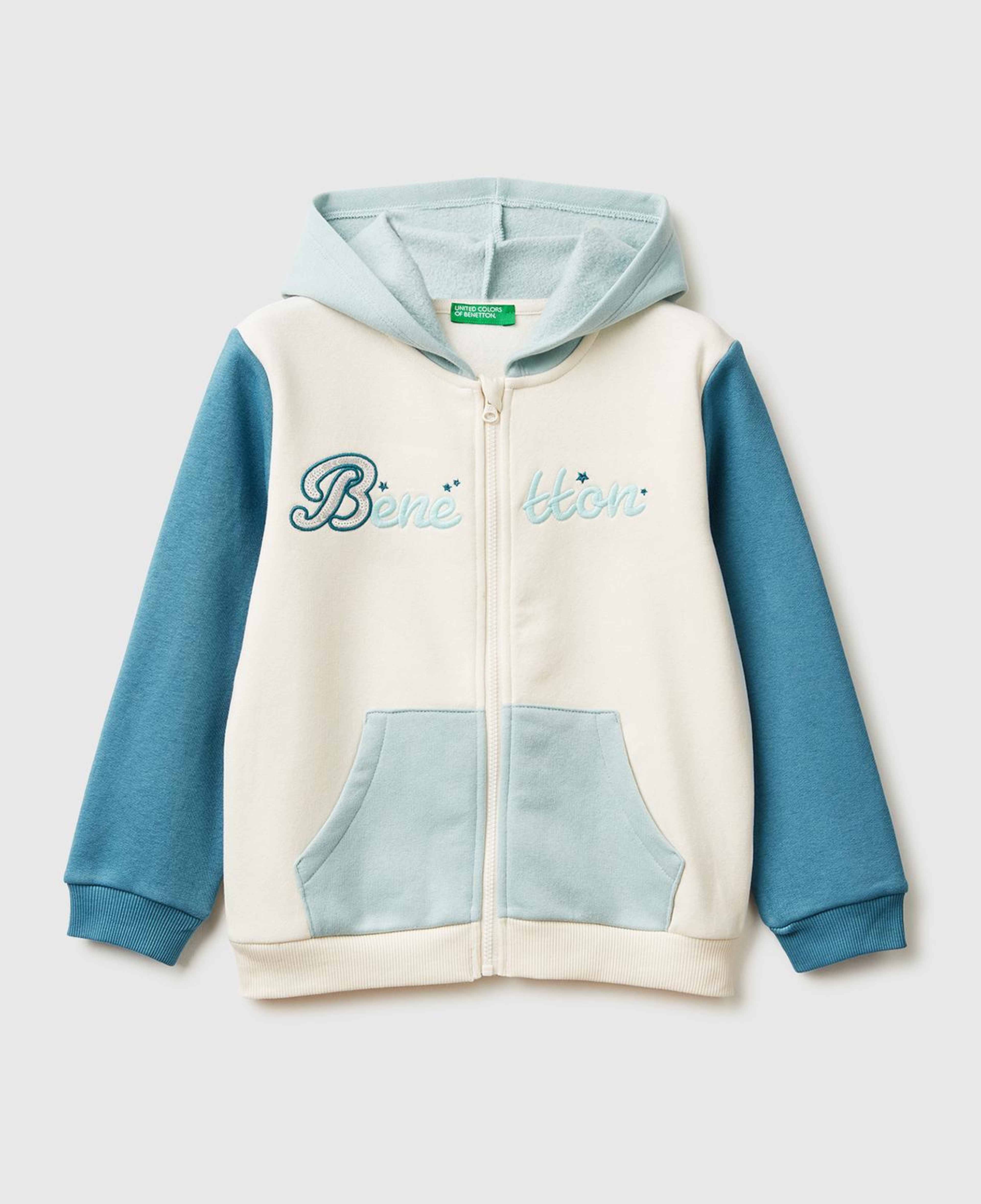 Kız Çocuk Ekru-Mavi Renk Bloklu Payet Nakışlı Fermuarlı Kapüşonlu Şardonlu Sweatshirt