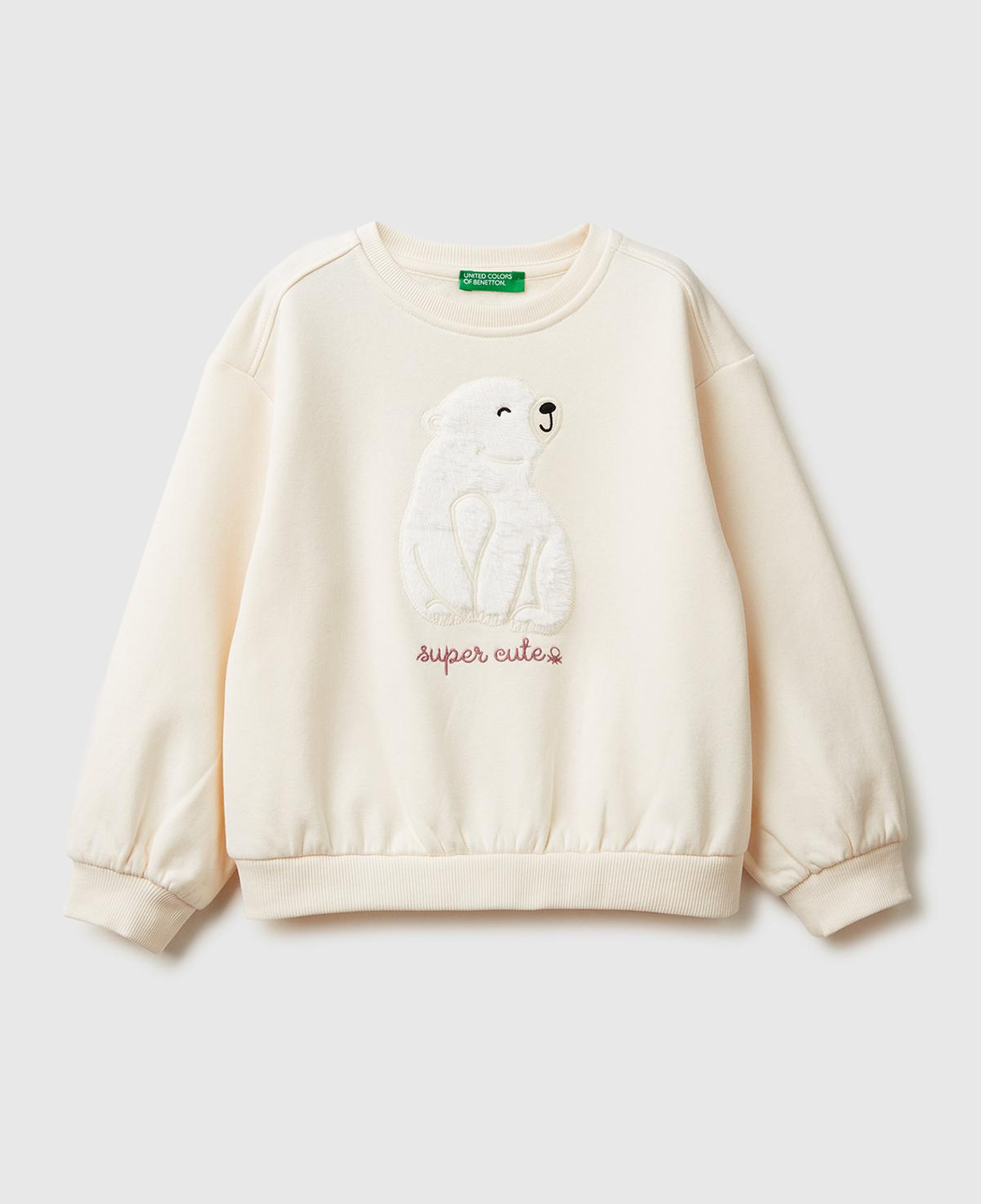 Kız Çocuk Ekru Kürk Aplikeli Ribanalı Bisiklet Yaka Sweatshirt