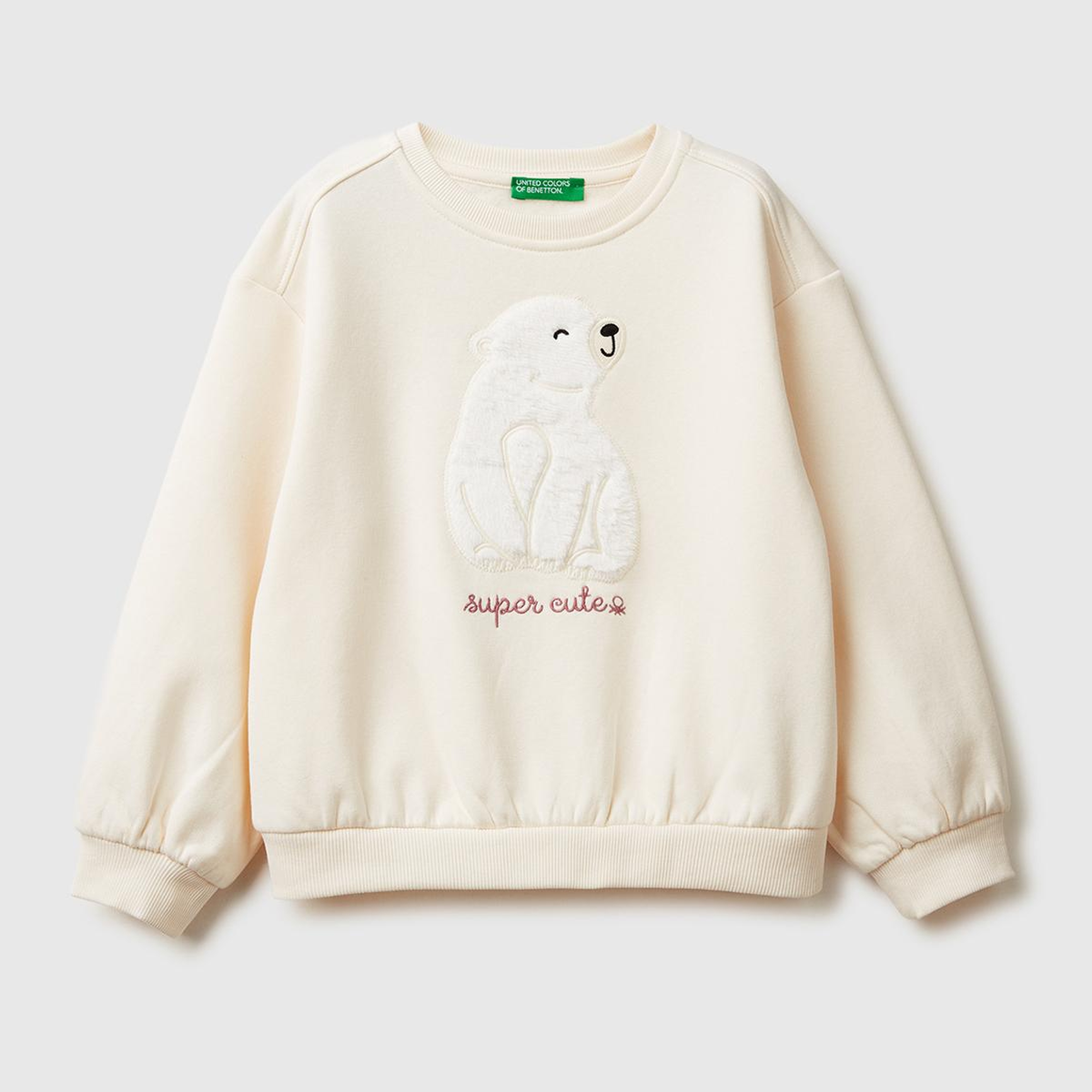 Kız Çocuk Ekru Kürk Aplikeli Ribanalı Bisiklet Yaka Sweatshirt