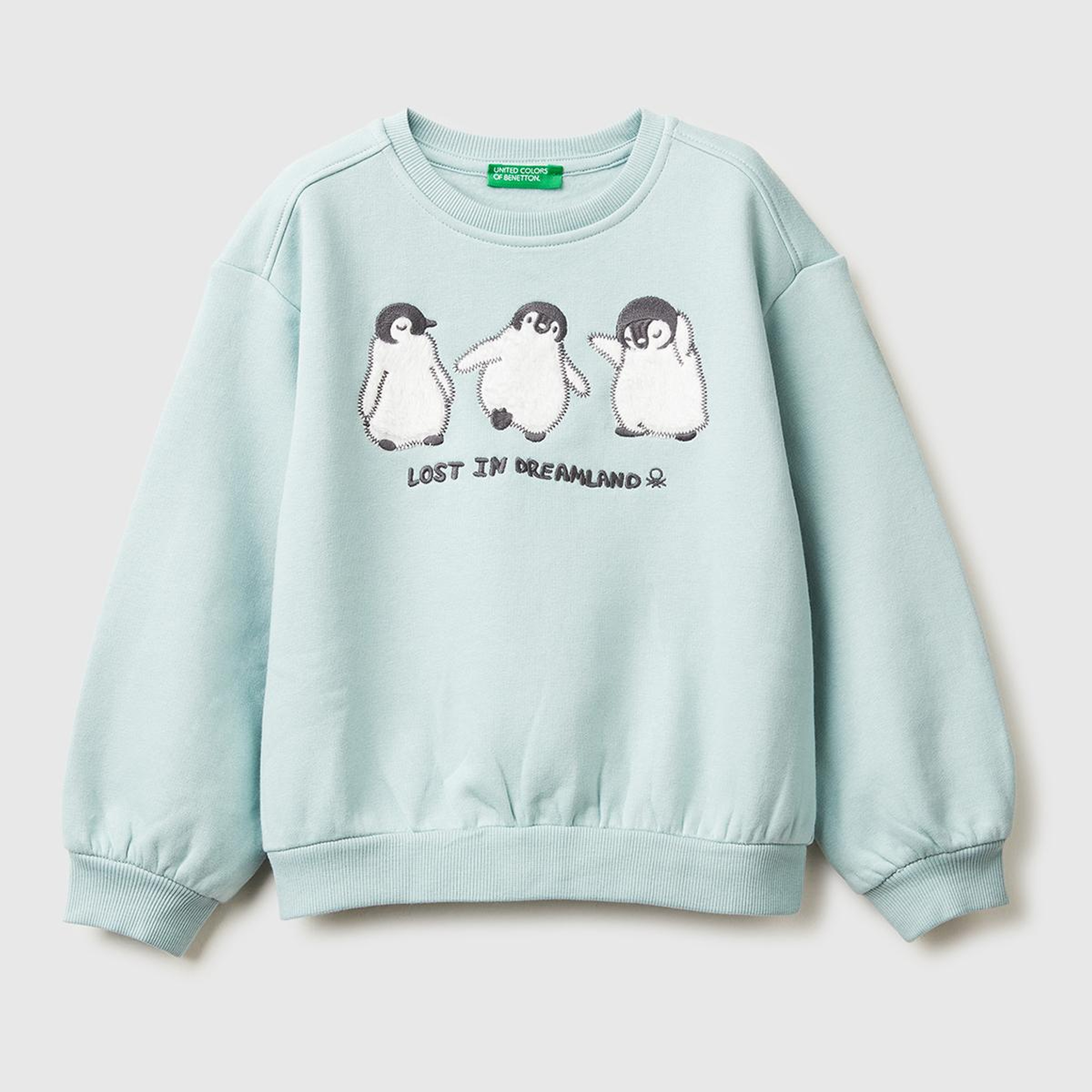 Kız Çocuk Su Yeşili Kürk Aplikeli Ribanalı Bisiklet Yaka Sweatshirt