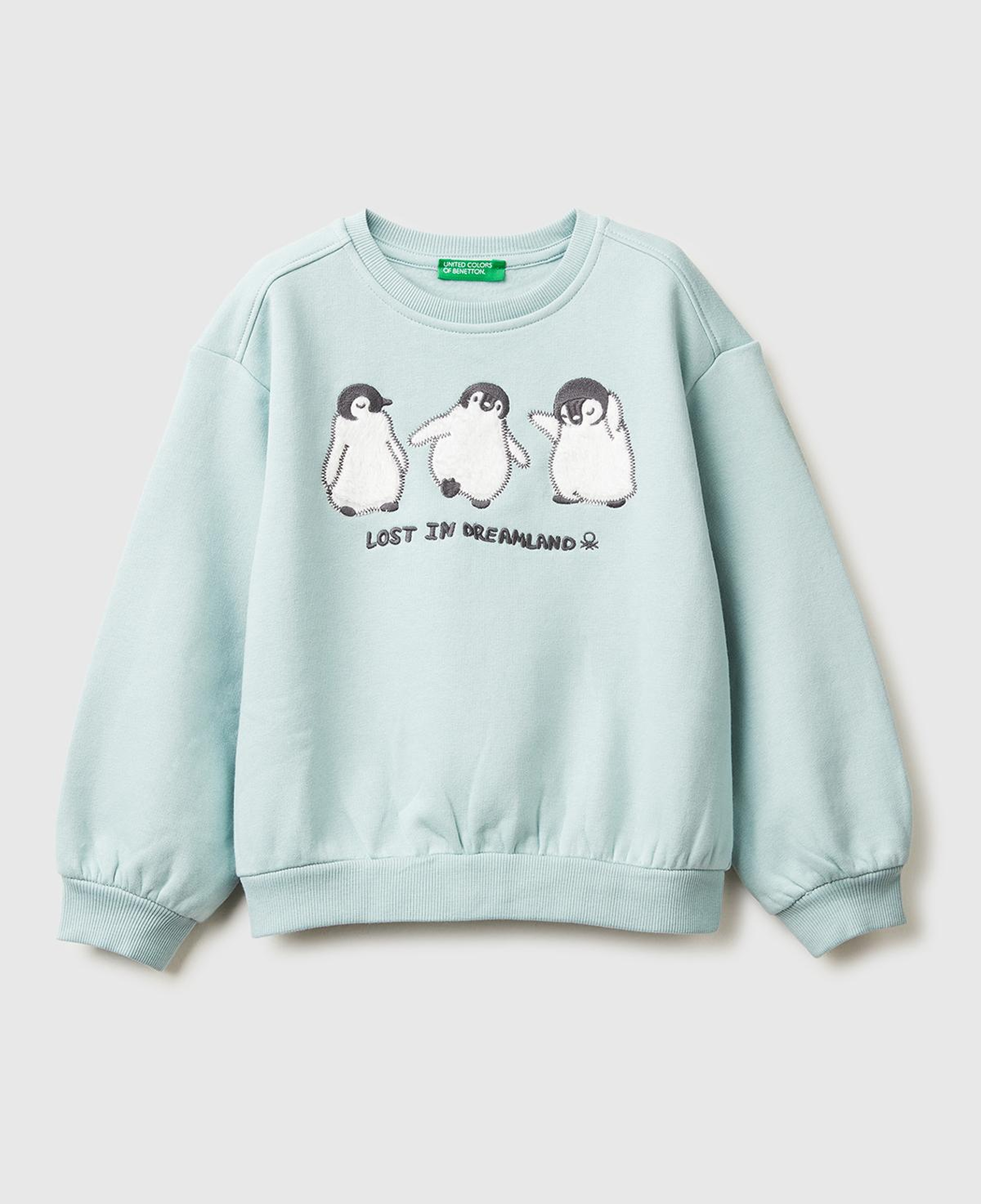 Kız Çocuk Su Yeşili Kürk Aplikeli Ribanalı Bisiklet Yaka Sweatshirt