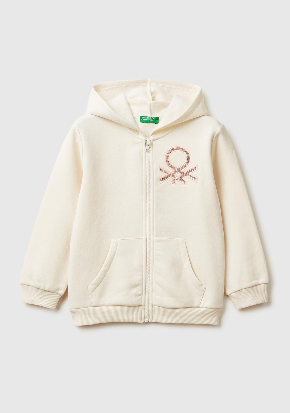 Kız Çocuk Ekru Renk Bloklu Payet Nakışlı Fermuarlı Kapüşonlu Şardonlu Sweatshirt