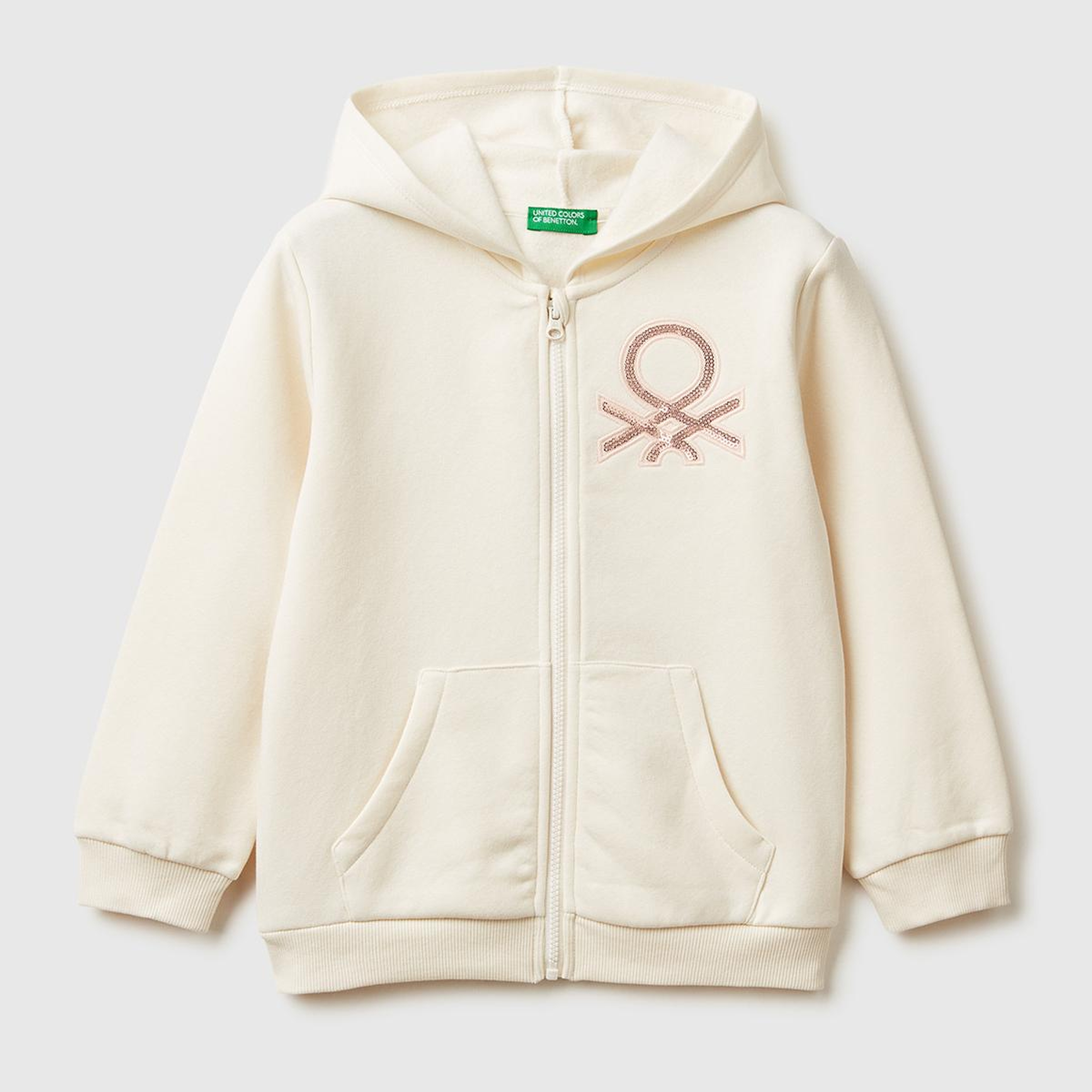 Kız Çocuk Ekru Renk Bloklu Payet Nakışlı Fermuarlı Kapüşonlu Şardonlu Sweatshirt