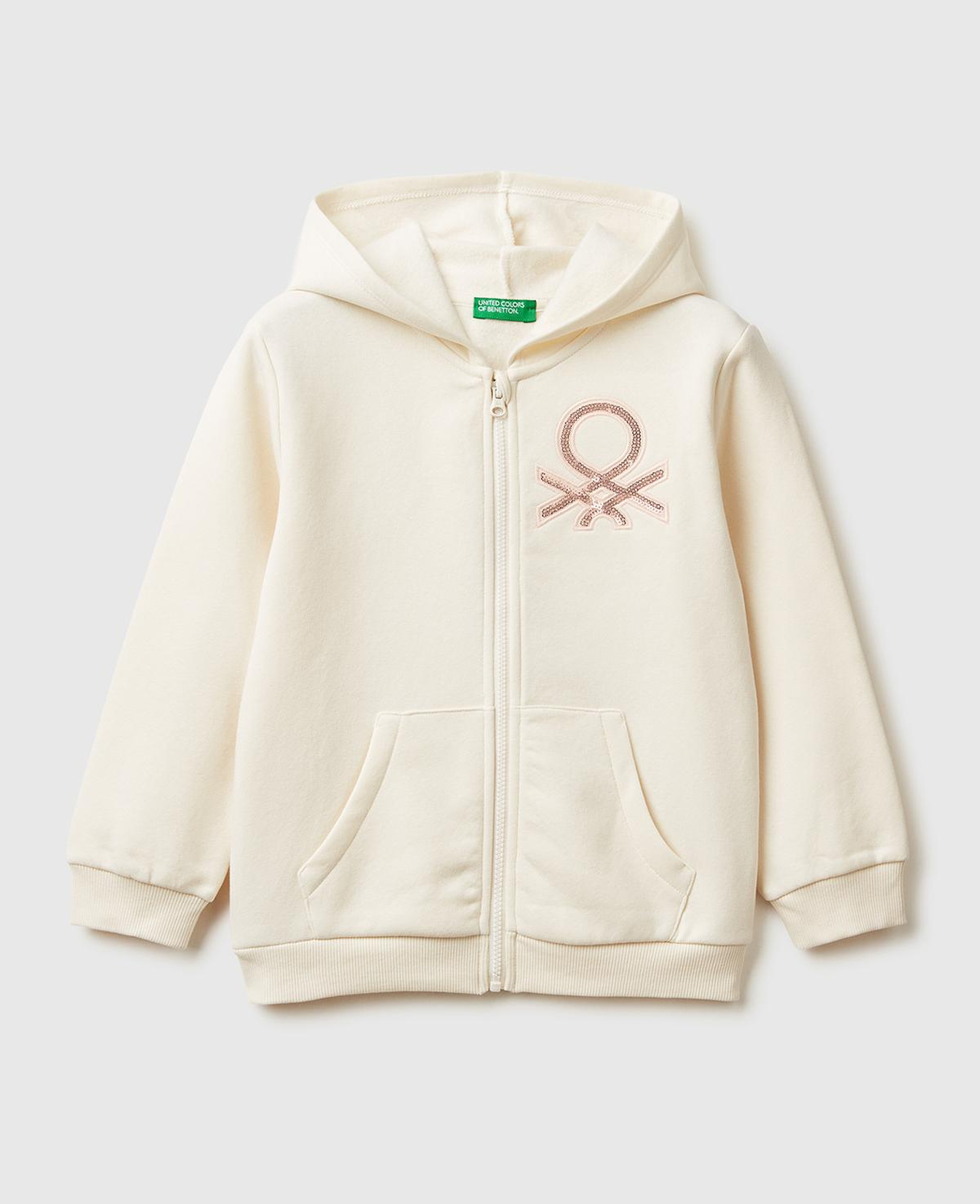 Kız Çocuk Ekru Renk Bloklu Payet Nakışlı Fermuarlı Kapüşonlu Şardonlu Sweatshirt