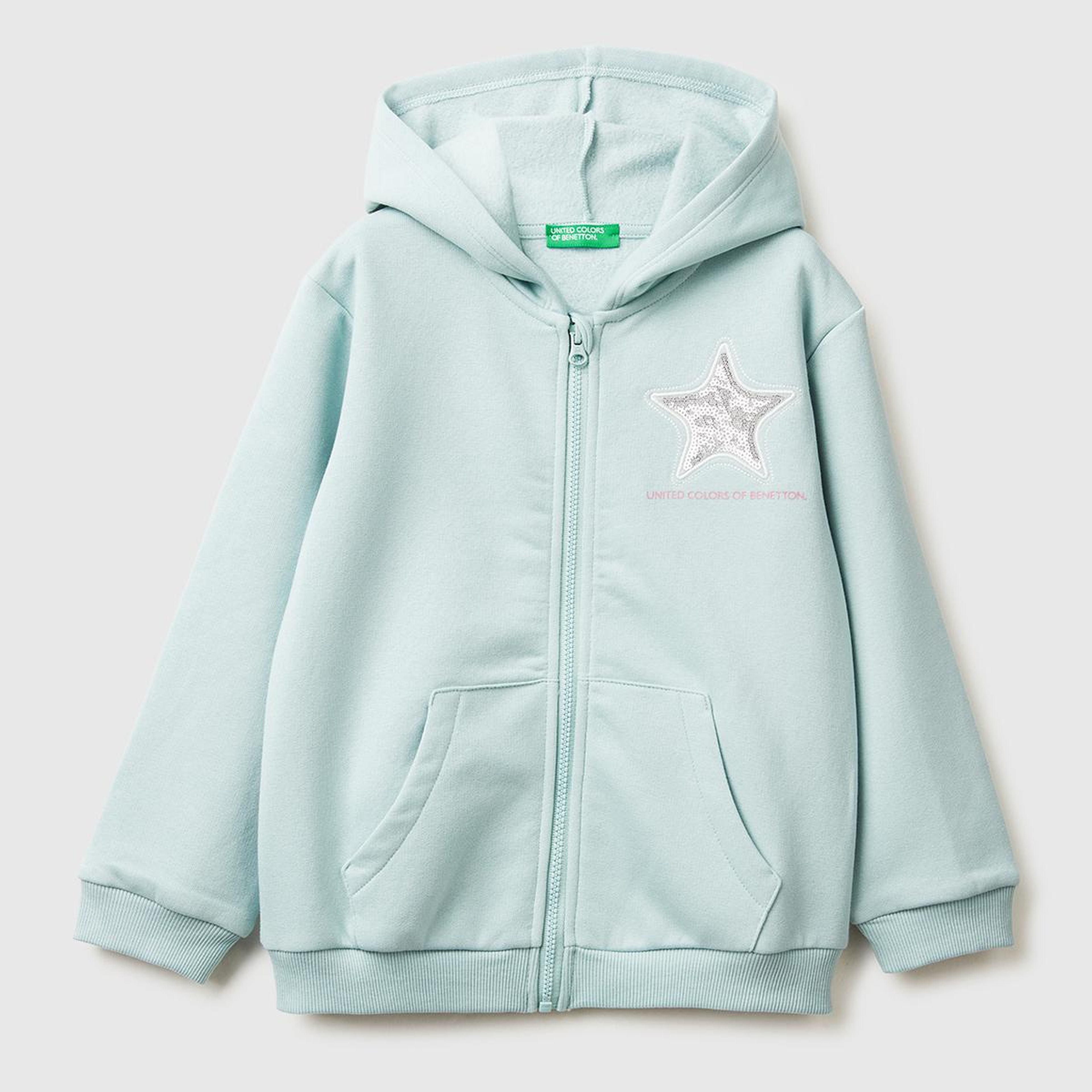 Kız Çocuk Su Yeşili Renk Bloklu Payet Nakışlı Fermuarlı Kapüşonlu Şardonlu Sweatshirt