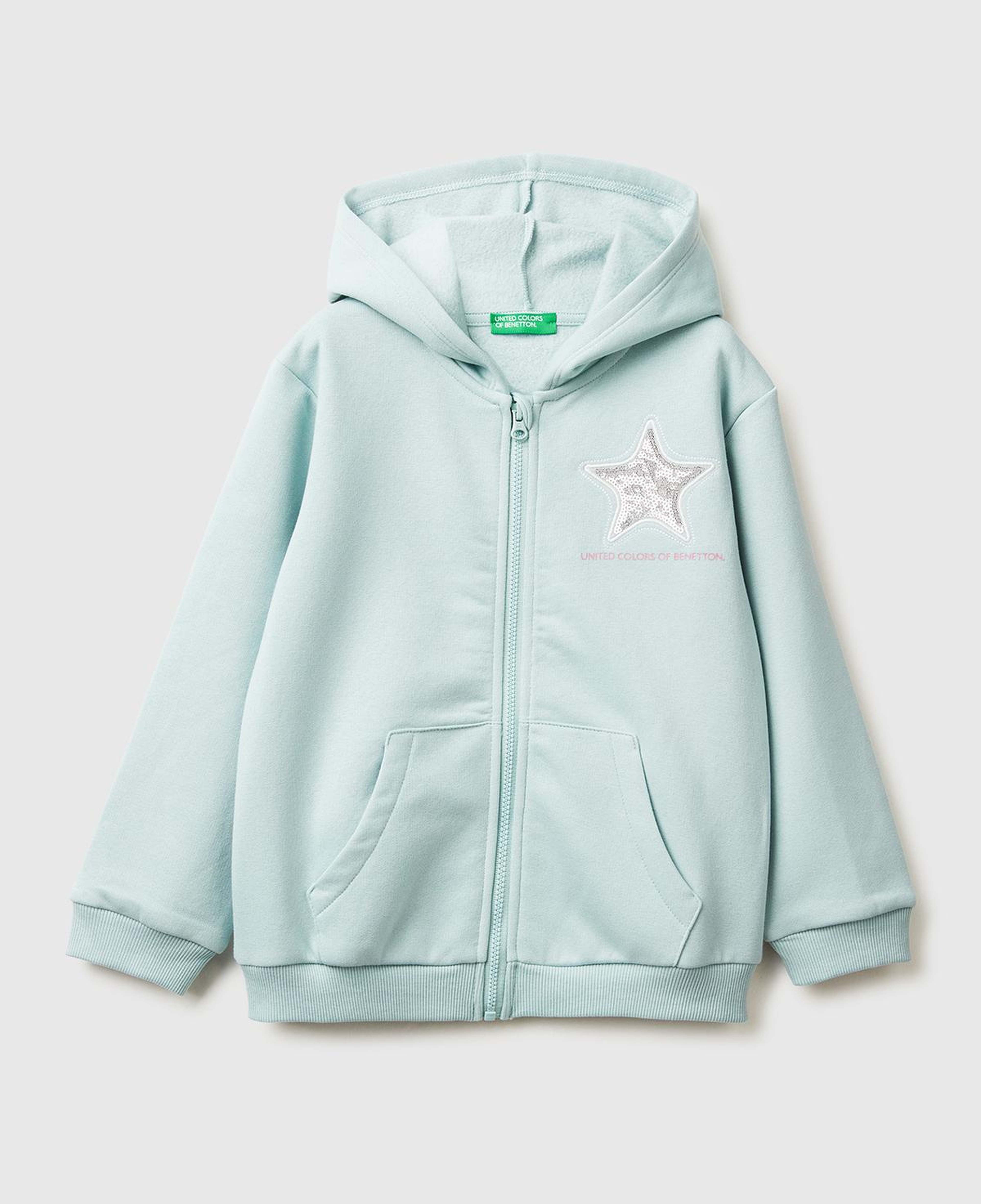 Kız Çocuk Su Yeşili Renk Bloklu Payet Nakışlı Fermuarlı Kapüşonlu Şardonlu Sweatshirt