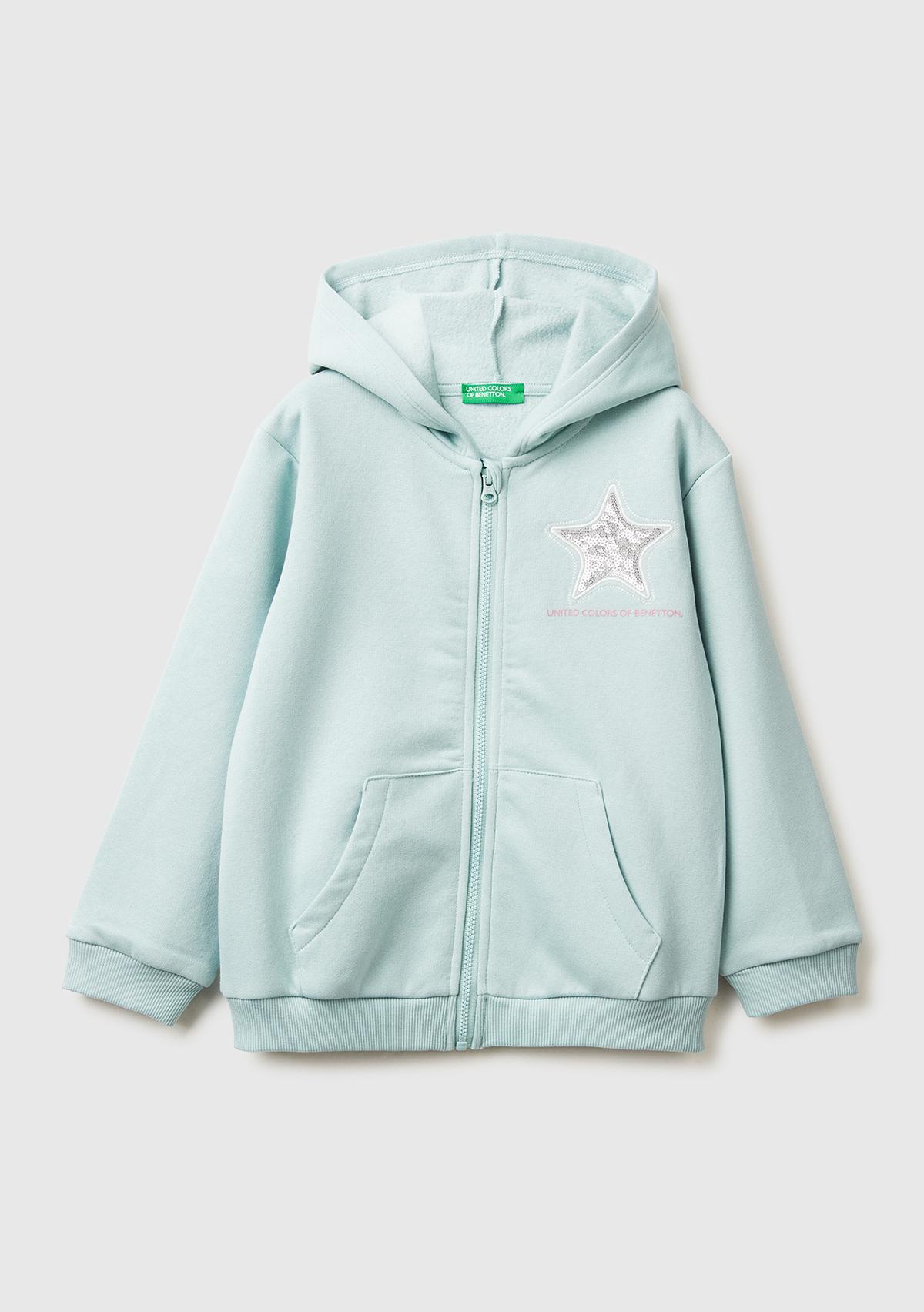 Kız Çocuk Su Yeşili Renk Bloklu Payet Nakışlı Fermuarlı Kapüşonlu Şardonlu Sweatshirt