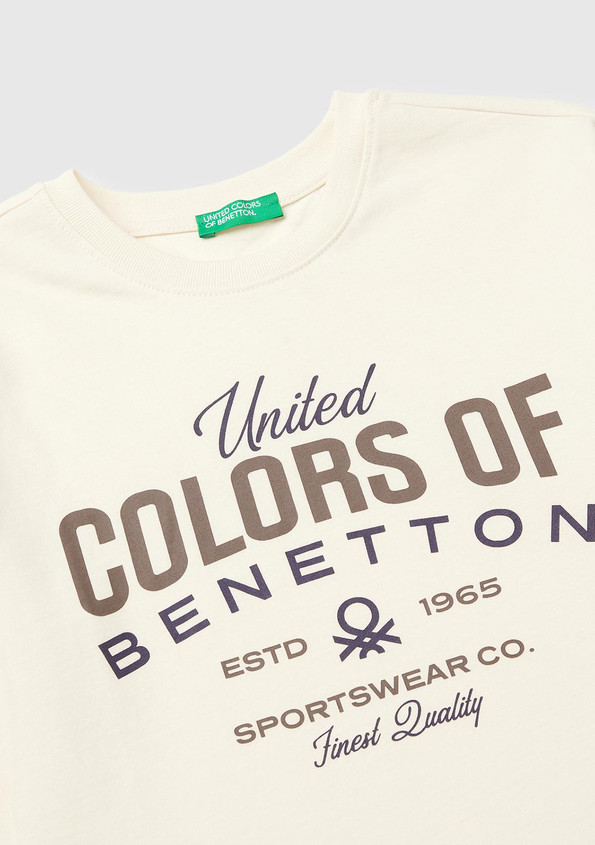 Erkek Çocuk Krem Önü Logo Baskılı Uzun Kollu T-shirt