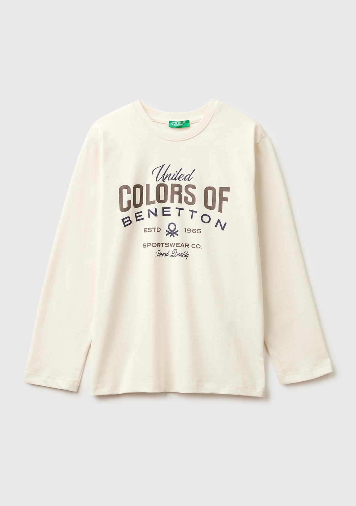 Erkek Çocuk Krem Önü Logo Baskılı Uzun Kollu T-shirt