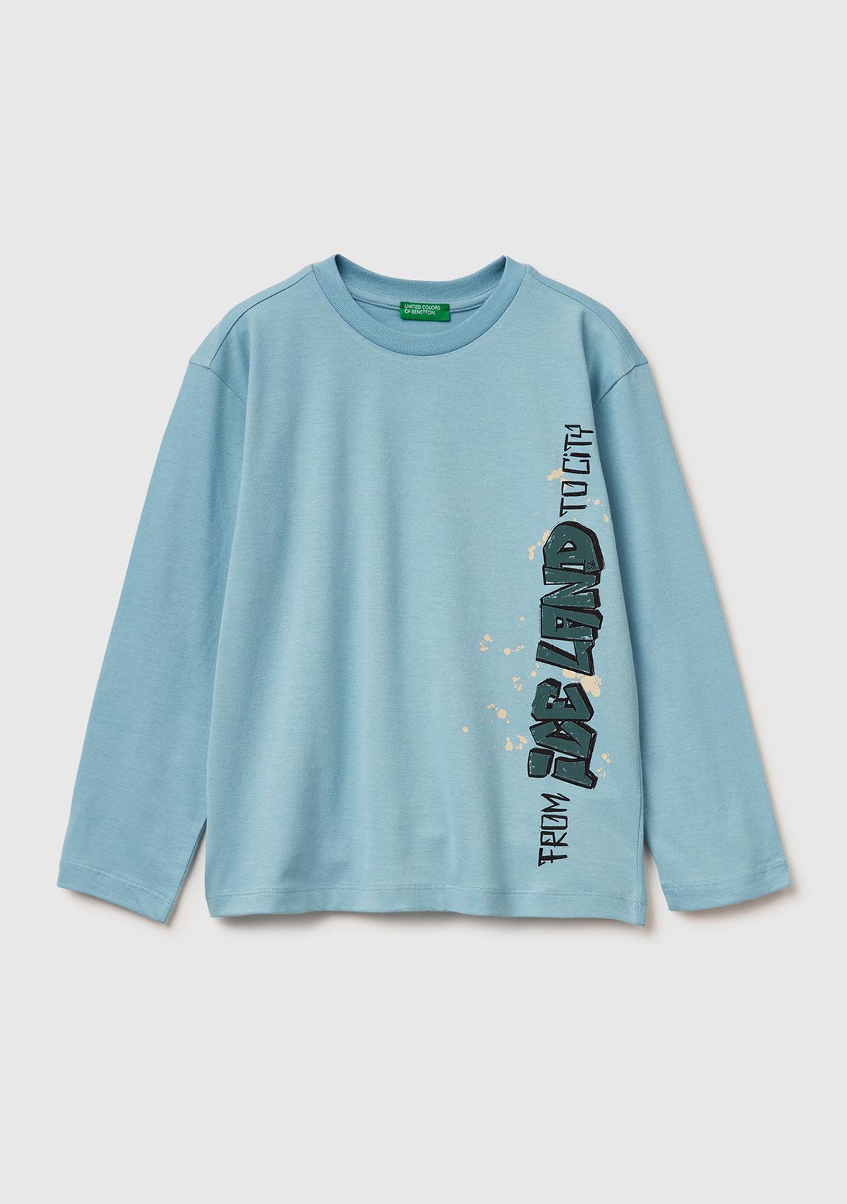Erkek Çocuk Açık Mavi Baskılı Bisiklet Yaka Uzun Kollu T-shirt