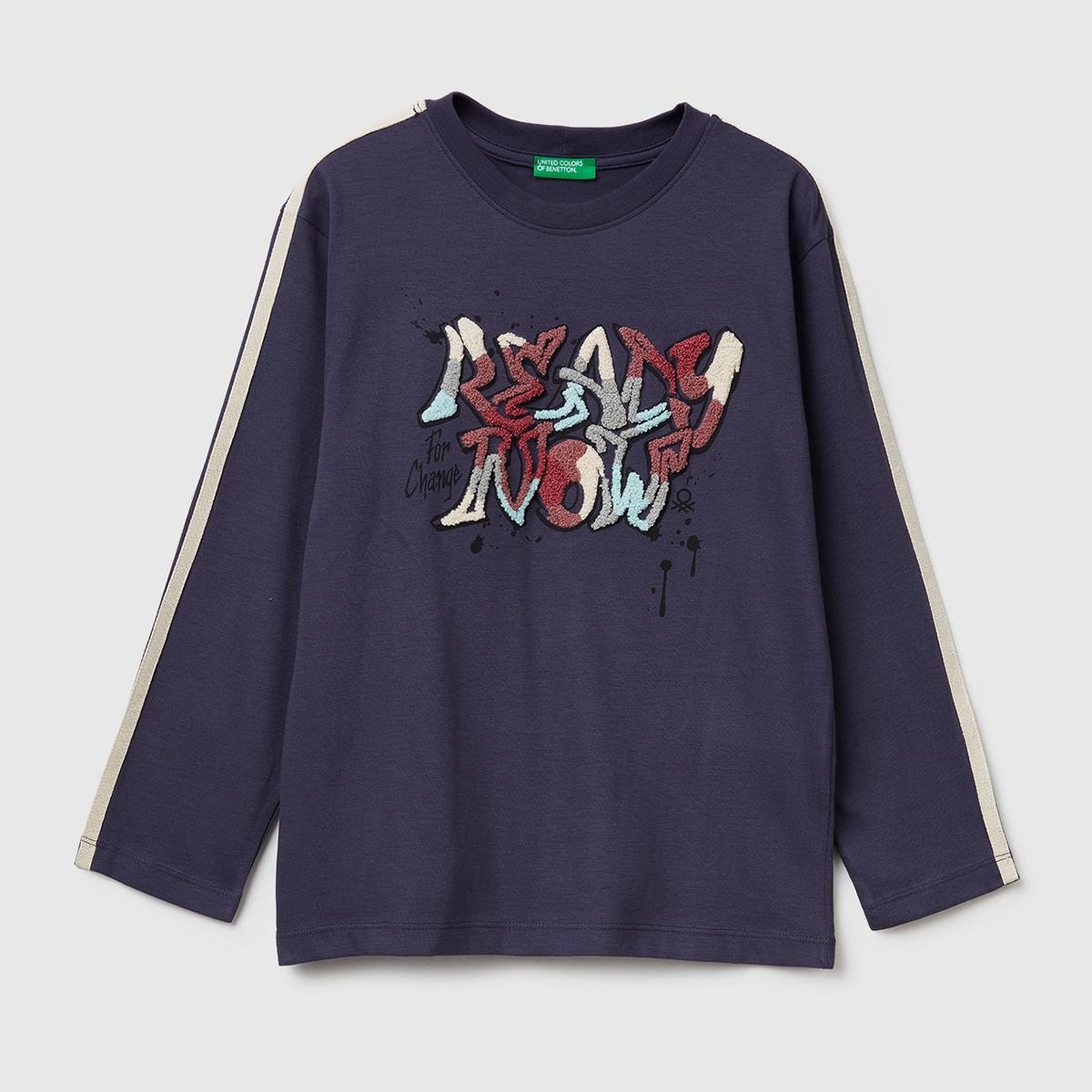 Erkek Çocuk Koyu Gri Önü Baskılı Kontrast Bant Detaylı Uzun Kollu T-shirt