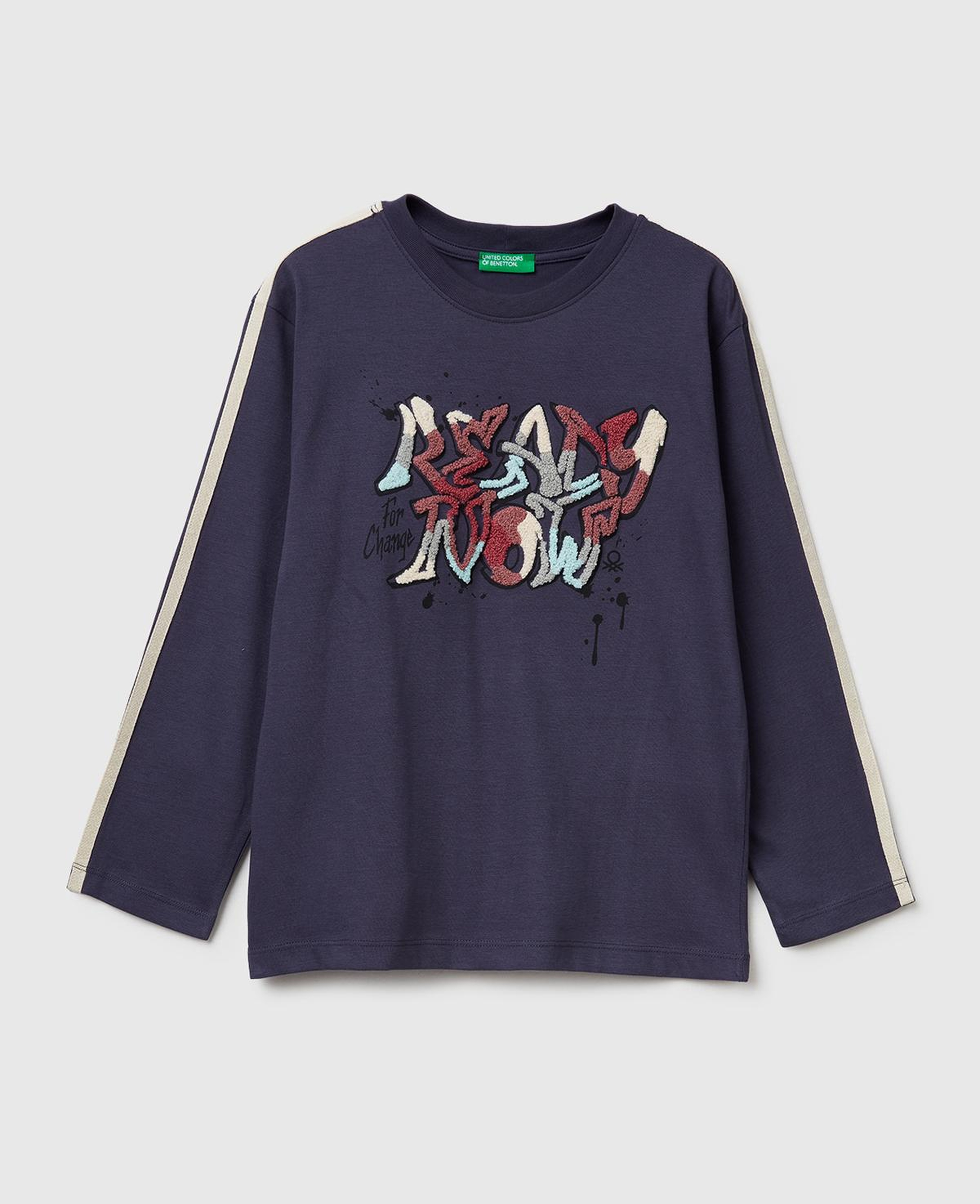 Erkek Çocuk Koyu Gri Önü Baskılı Kontrast Bant Detaylı Uzun Kollu T-shirt