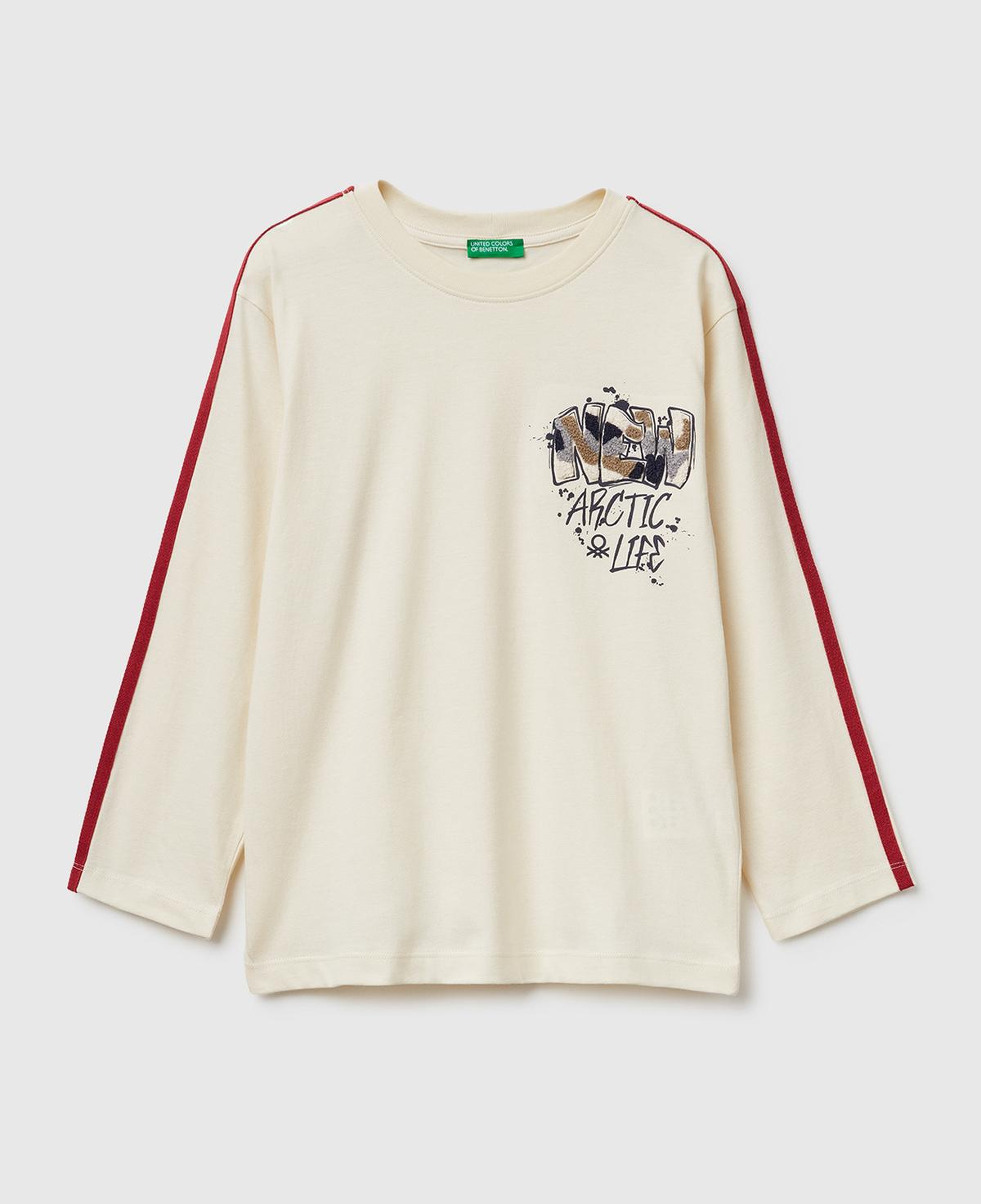 Erkek Çocuk Krem Önü Baskılı Kontrast Bant Detaylı Uzun Kollu T-shirt
