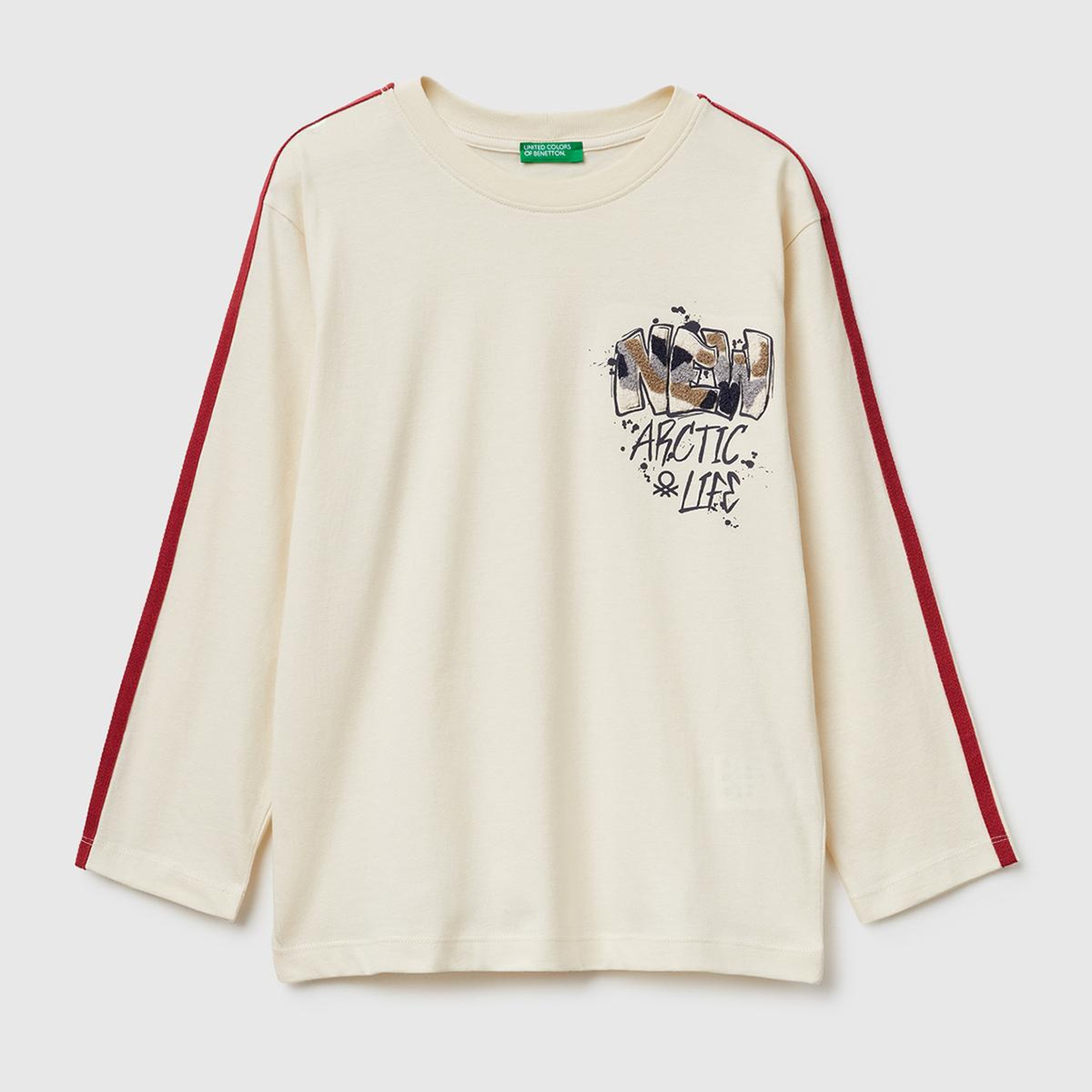 Erkek Çocuk Krem Önü Baskılı Kontrast Bant Detaylı Uzun Kollu T-shirt