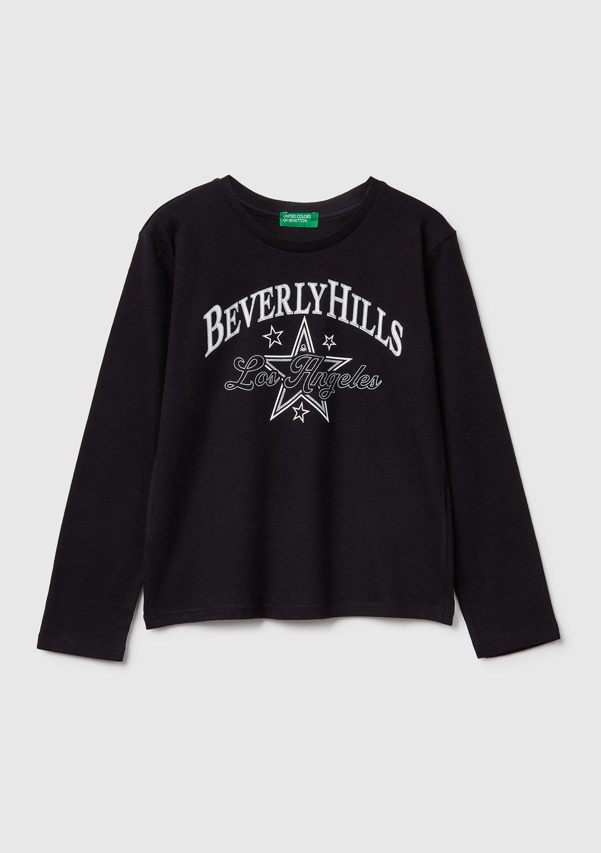 Kız Çocuk Siyah Önü Simli Baskılı Uzun Kollu T-shirt