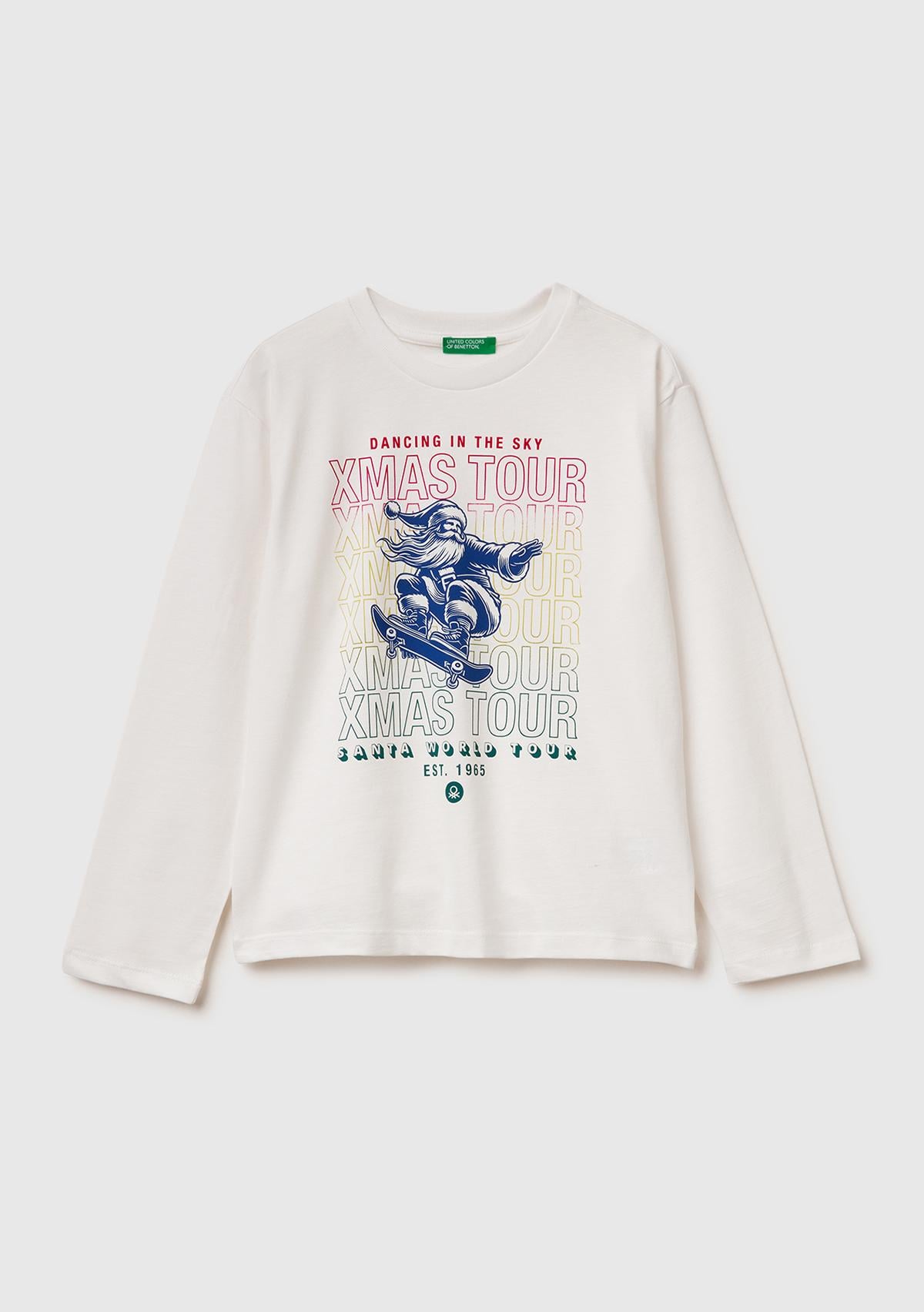 Erkek Çocuk Ekru Baskılı Bisiklet Yaka Uzun Kollu T-shirt
