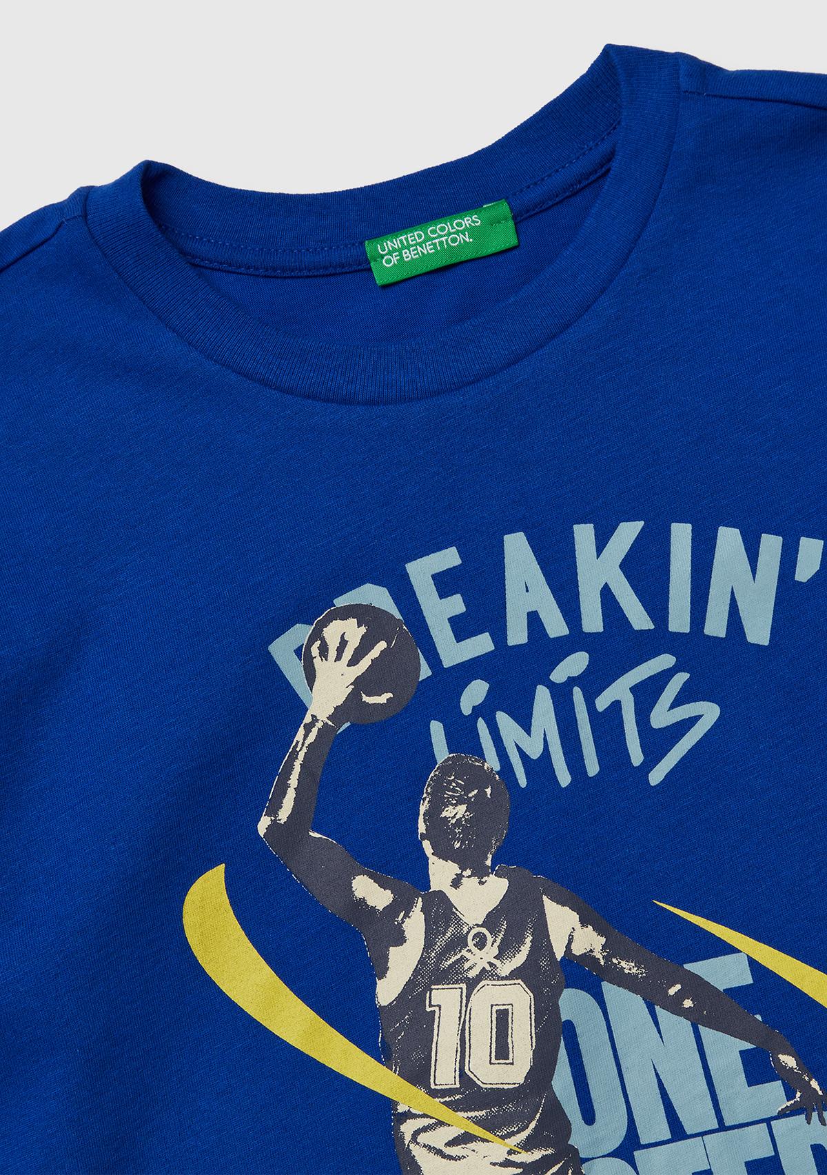 Erkek Çocuk Saks Mavisi Baskılı Bisiklet Yaka Uzun Kollu T-shirt