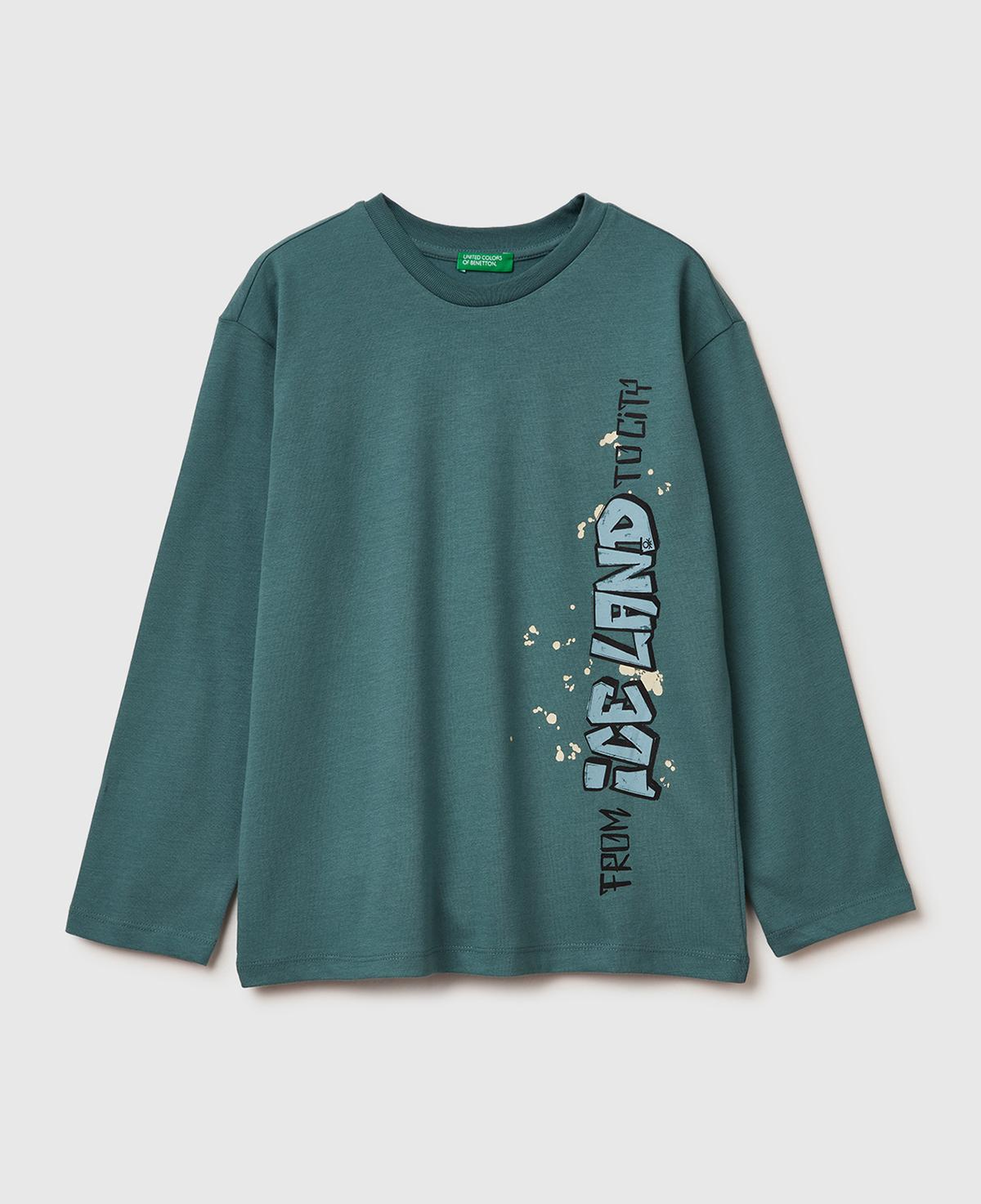Erkek Çocuk Gri-Yeşil Baskılı Bisiklet Yaka Uzun Kollu T-shirt