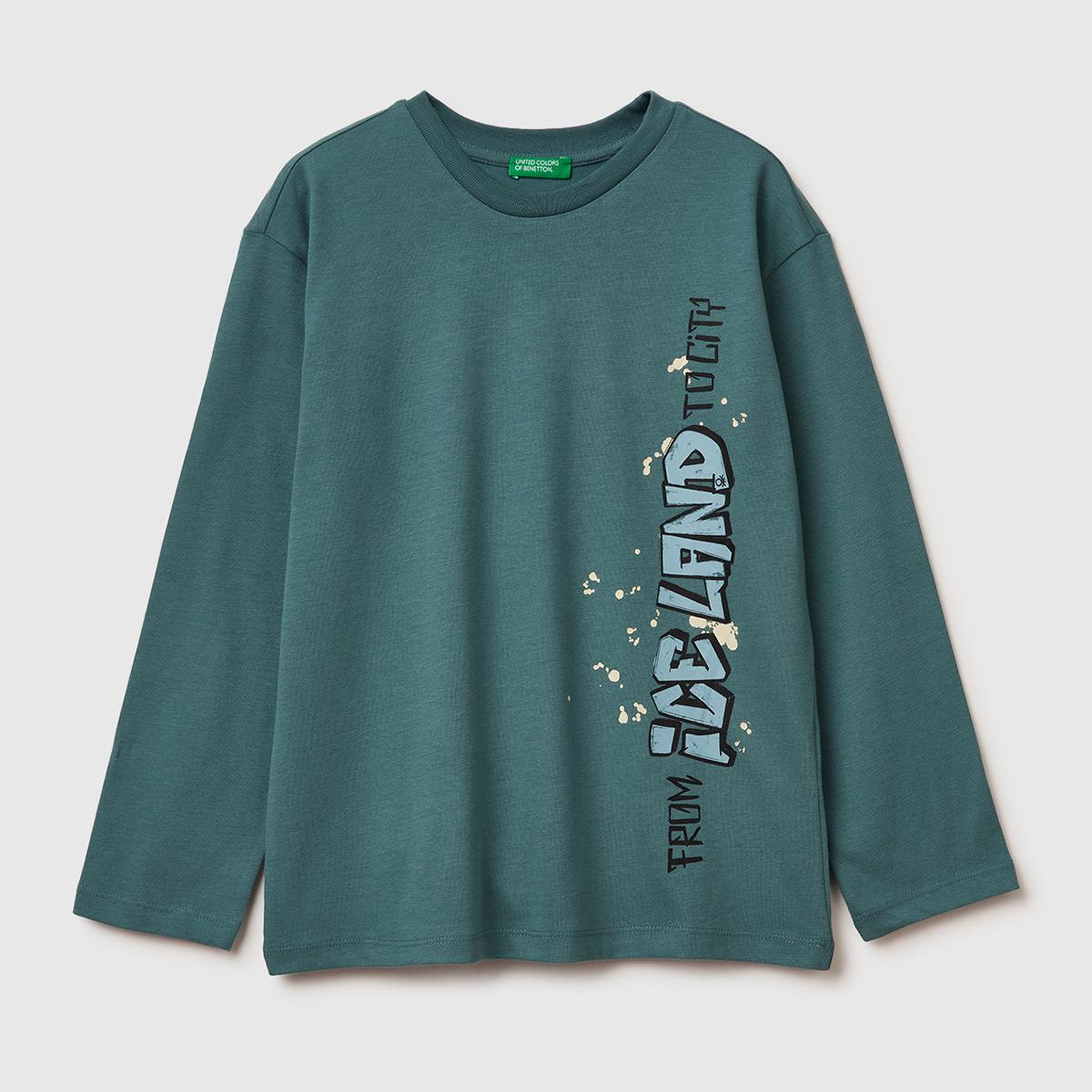 Erkek Çocuk Gri-Yeşil Baskılı Bisiklet Yaka Uzun Kollu T-shirt