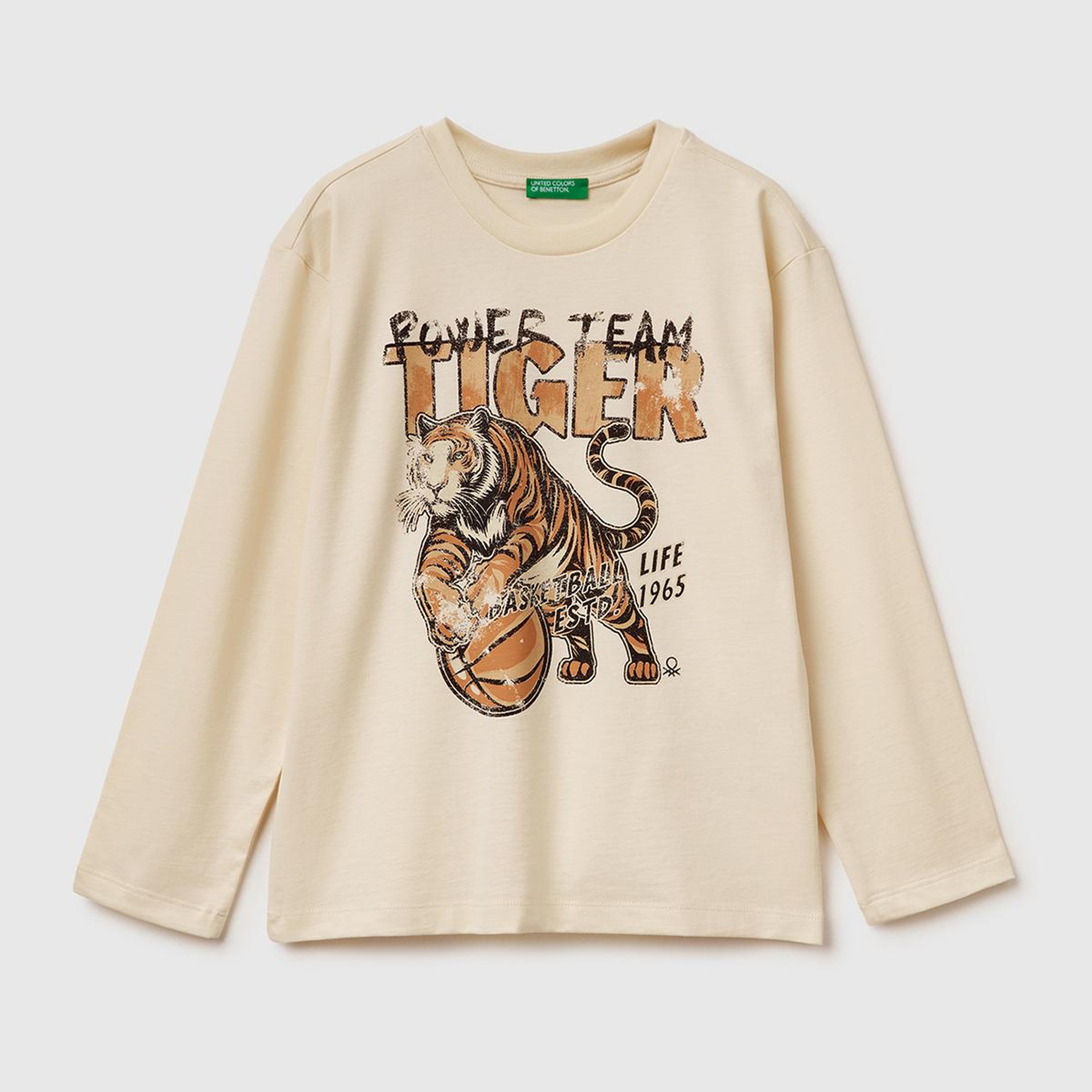 Erkek Çocuk Krem Baskılı Bisiklet Yaka Uzun Kollu T-shirt