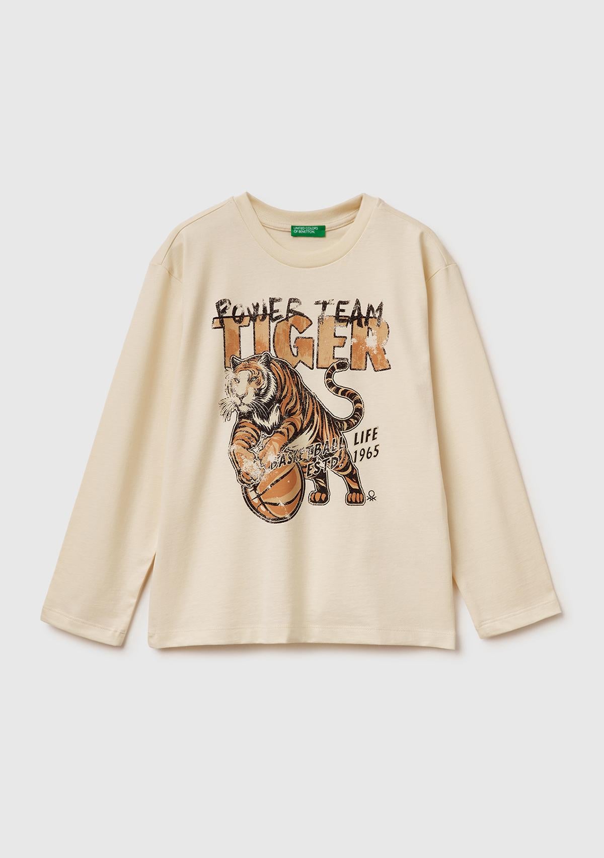 Erkek Çocuk Krem Baskılı Bisiklet Yaka Uzun Kollu T-shirt